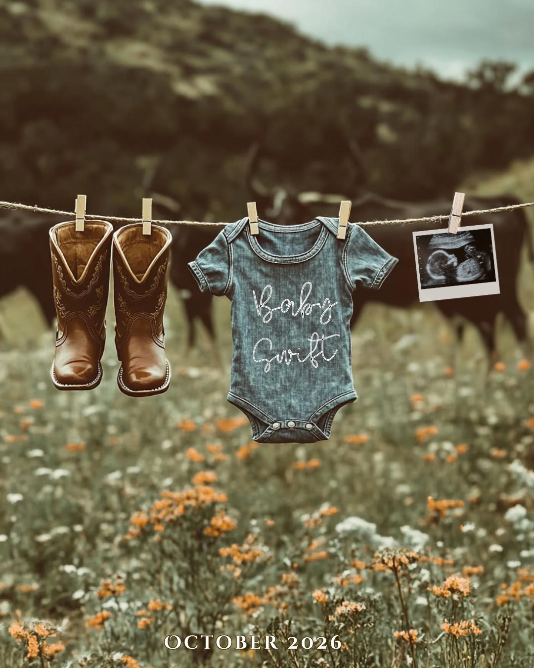 Western Pregnancy Announcement Baby Reveal Sonogram Social Media Onesie on Clothesline