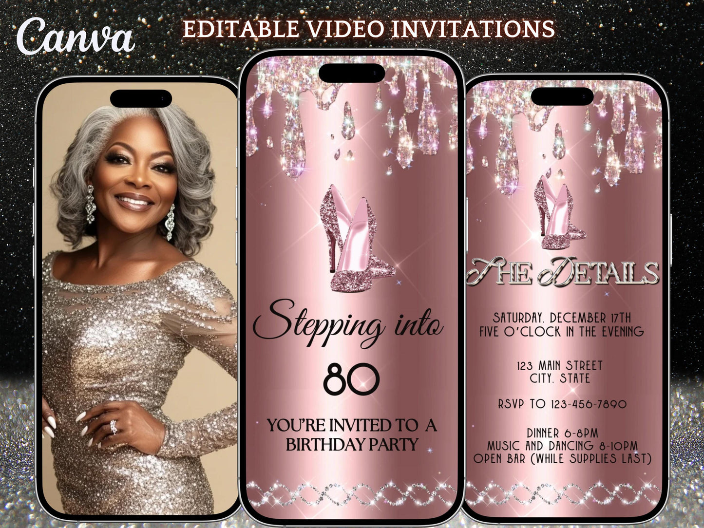 high heel birthday video invitation for 40th, 50th, or 60th birthday – glamorous animated Canva template for mobile