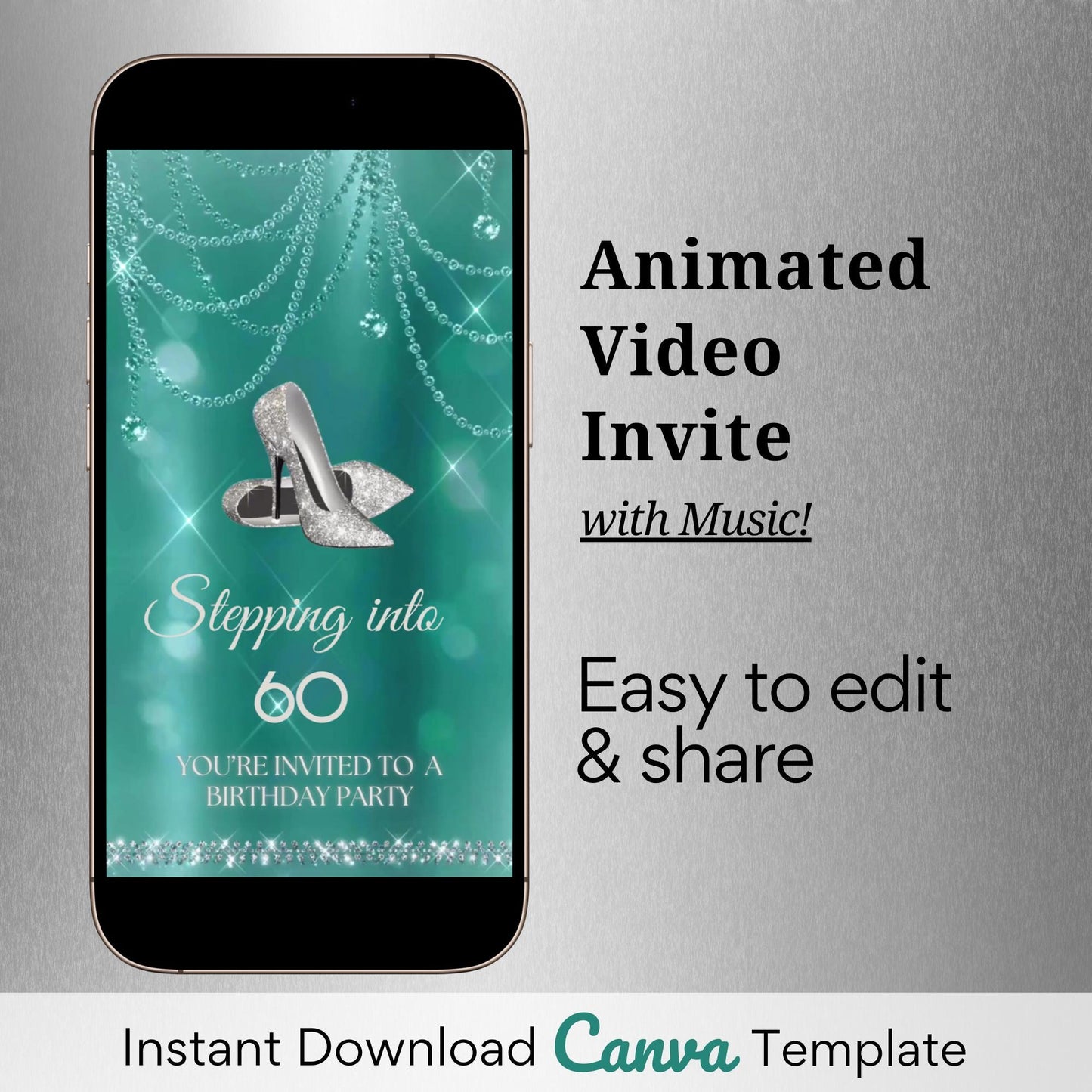 high heel birthday video invitation for 40th, 50th, or 60th birthday – glamorous animated Canva template for mobile