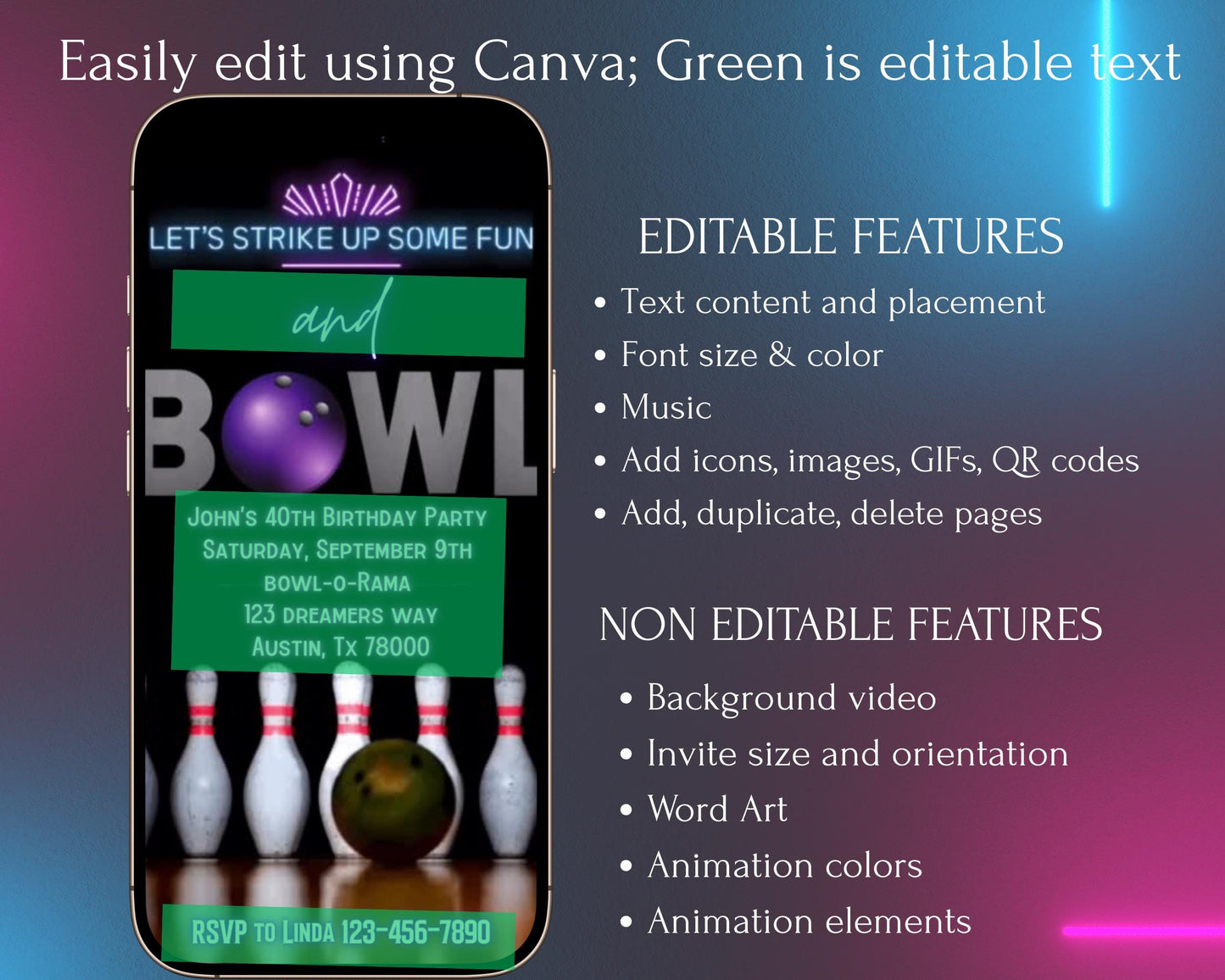 Bowling party video evite Animated let’s strike up some fun invite