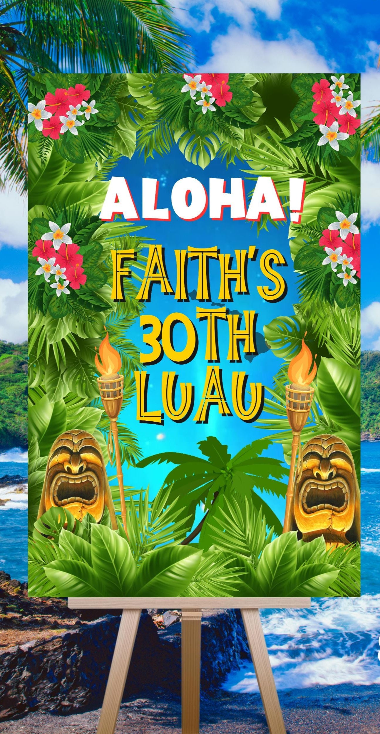 Aloha Welcome Sign - Hawaiian Luau Party Signage - Tropical Tiki Poster Printable Decor