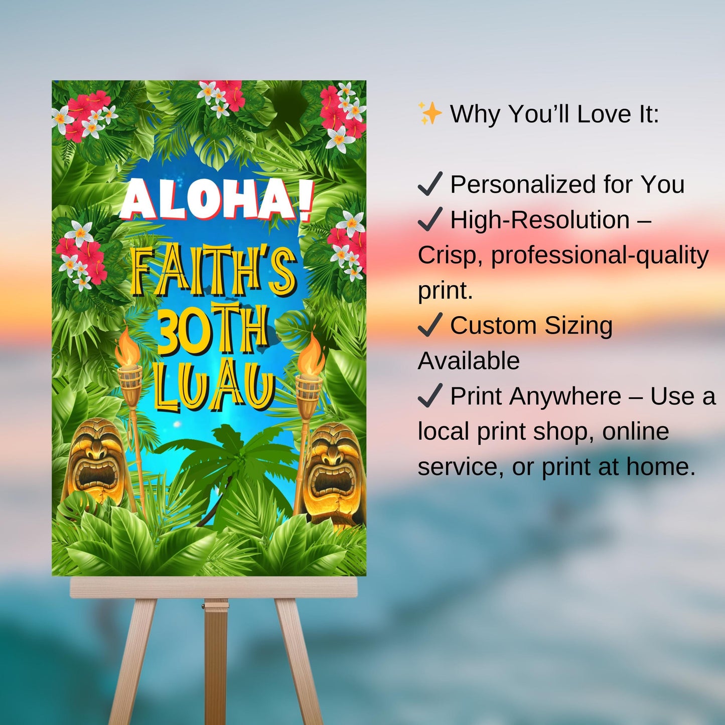 Aloha Welcome Sign - Hawaiian Luau Party Signage - Tropical Tiki Poster Printable Decor