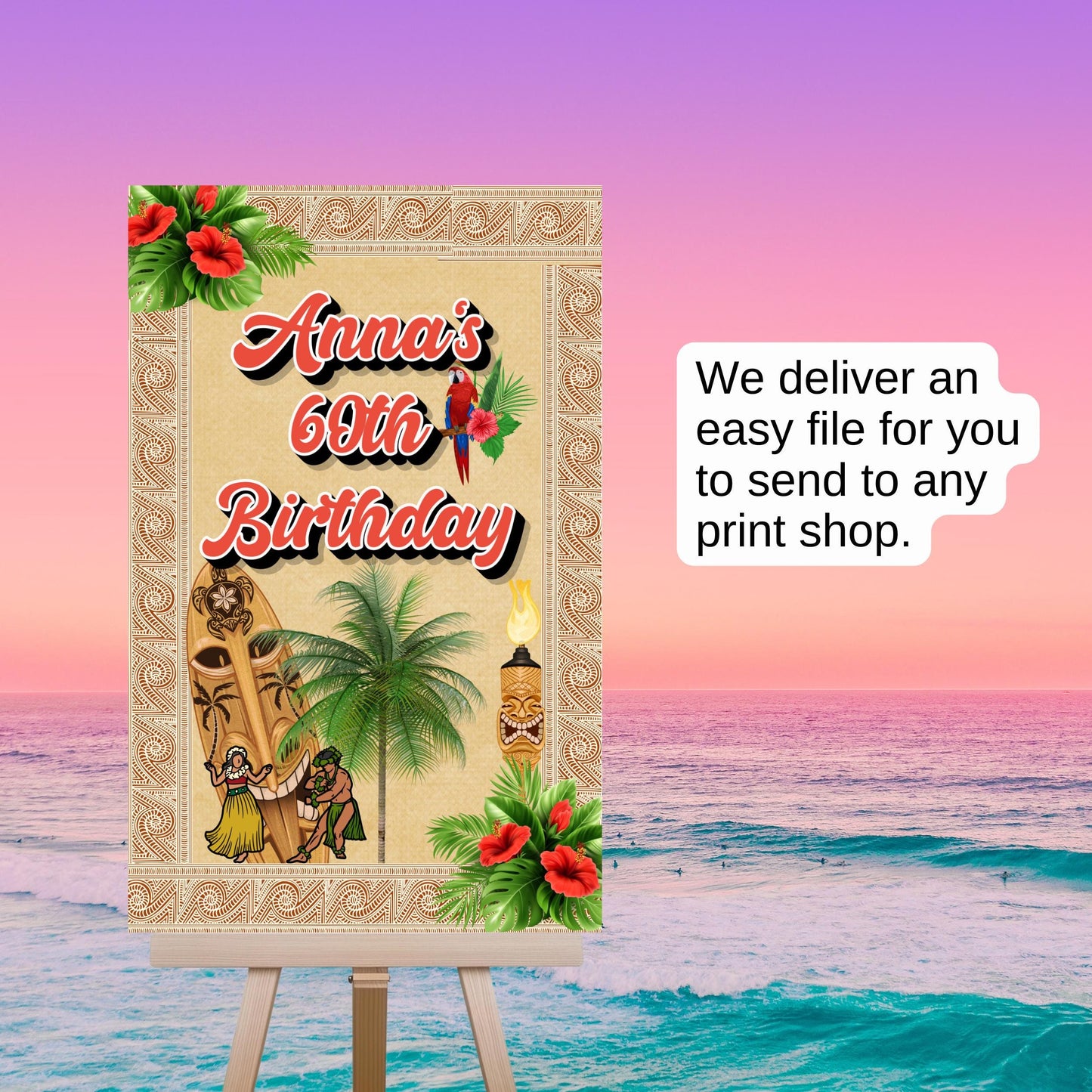 Aloha Welcome Sign - Hawaiian Luau Party Signage - Tropical Tiki Poster Printable Decor