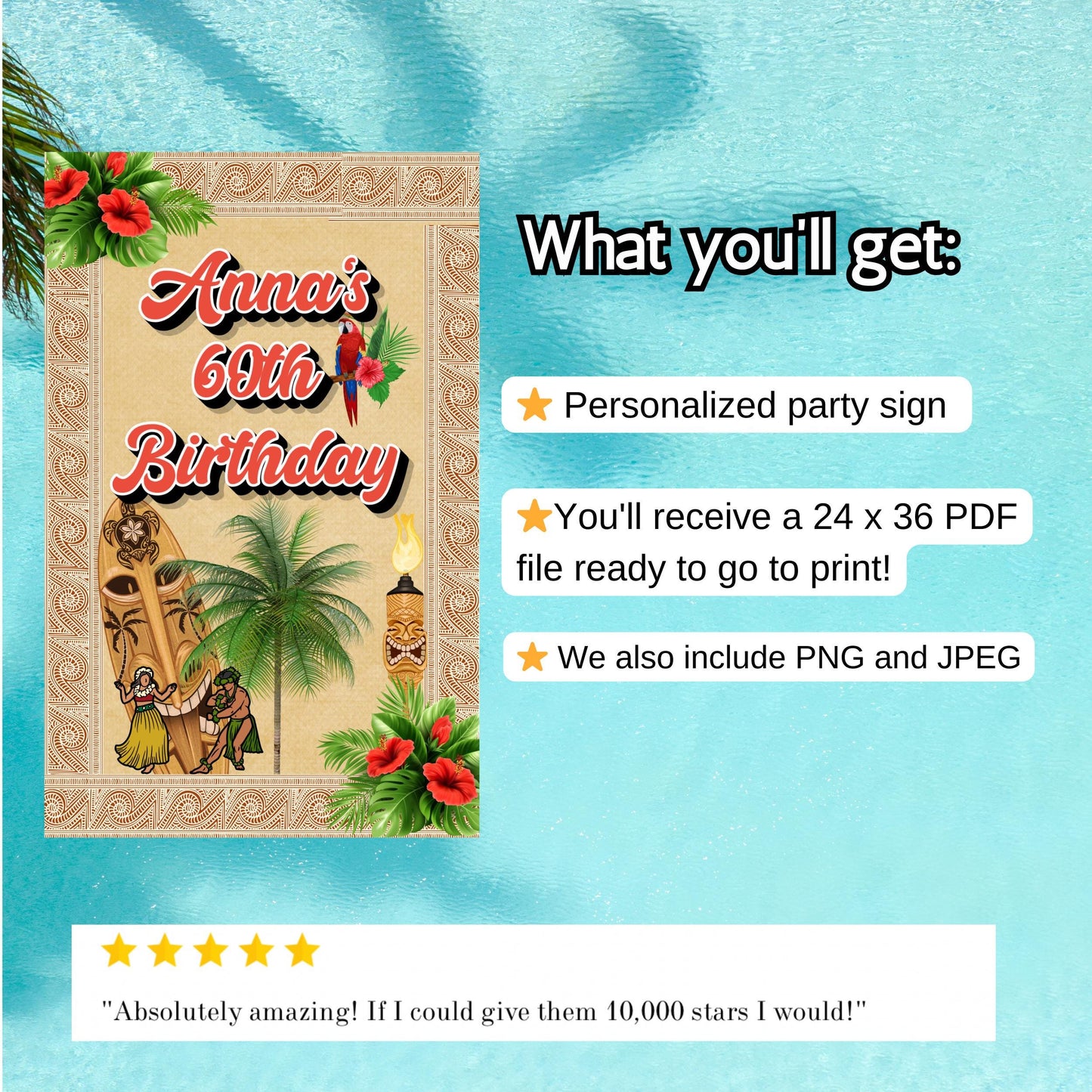 Aloha Welcome Sign - Hawaiian Luau Party Signage - Tropical Tiki Poster Printable Decor