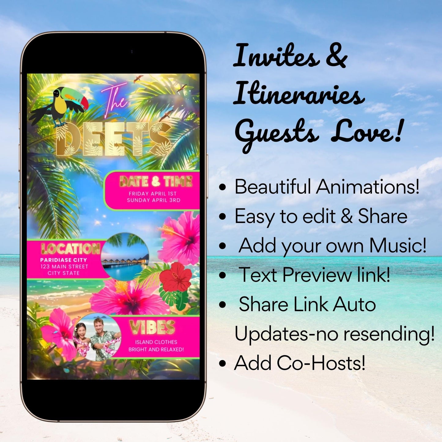 Tropical Video Invite and Itinerary - Animated Tropical Trip Schedule = Mobile Phone Agenda