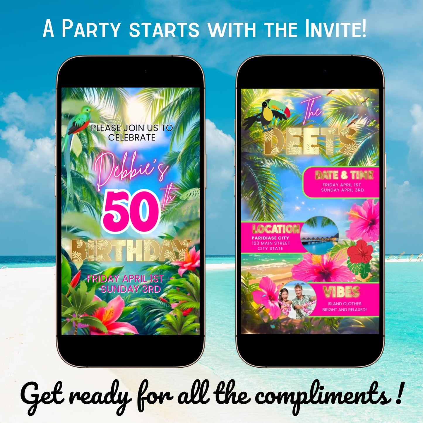 Tropical Video Invite and Itinerary - Animated Tropical Trip Schedule = Mobile Phone Agenda
