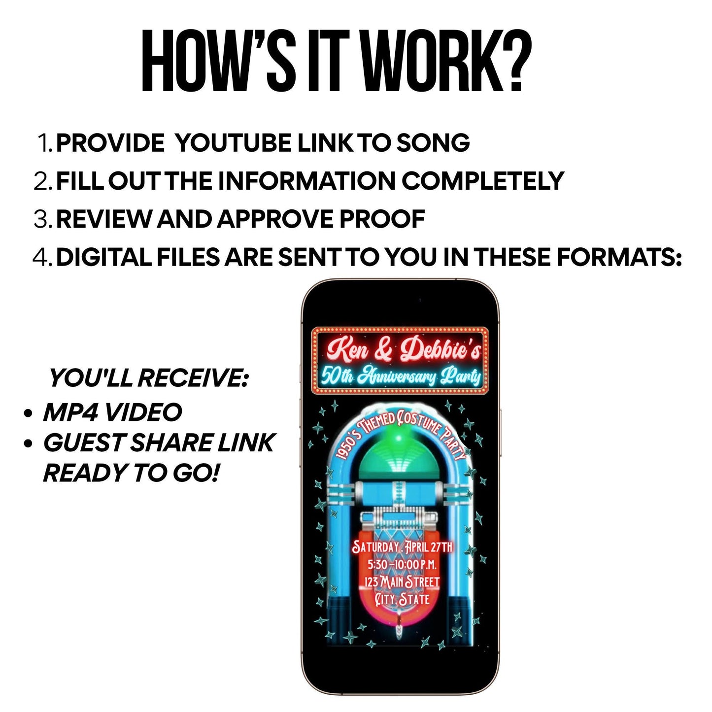Rockabilly Video Invitation - Personalized 1950s Invitation - Animated Jukebox Rock n Roll