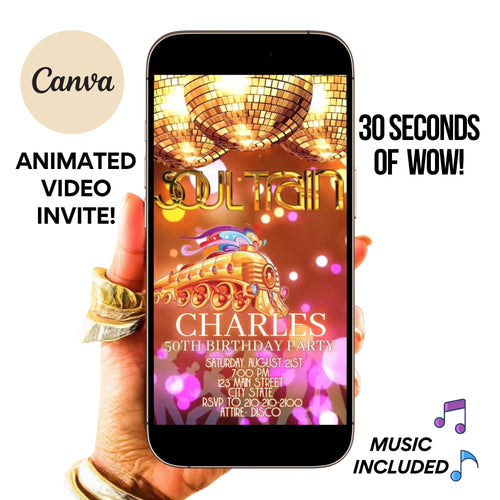 Soul Train Vídeo Invitation - Digital Studio 54 Invite - Gold disco train birthday party MP4