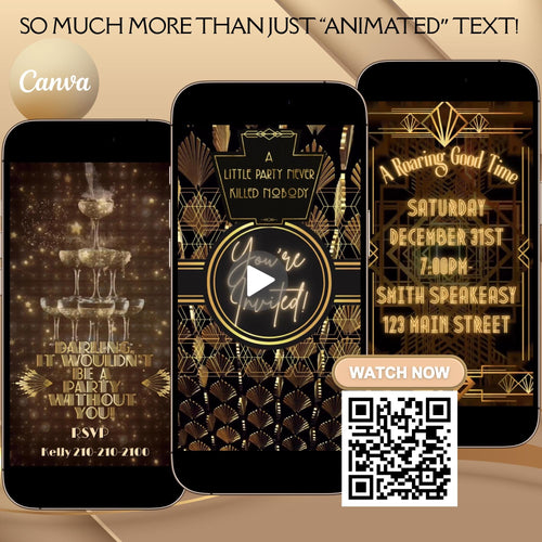 Gatsby Video Invite Roaring 20s party editable evite Prohibition era flapper girl theme art deco animated speakeasy digital invitation Canva