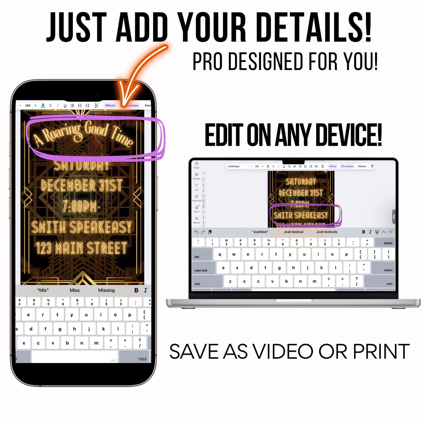 Gatsby Video Invite Roaring 20s party editable evite Prohibition era flapper girl theme art deco animated speakeasy digital invitation Canva