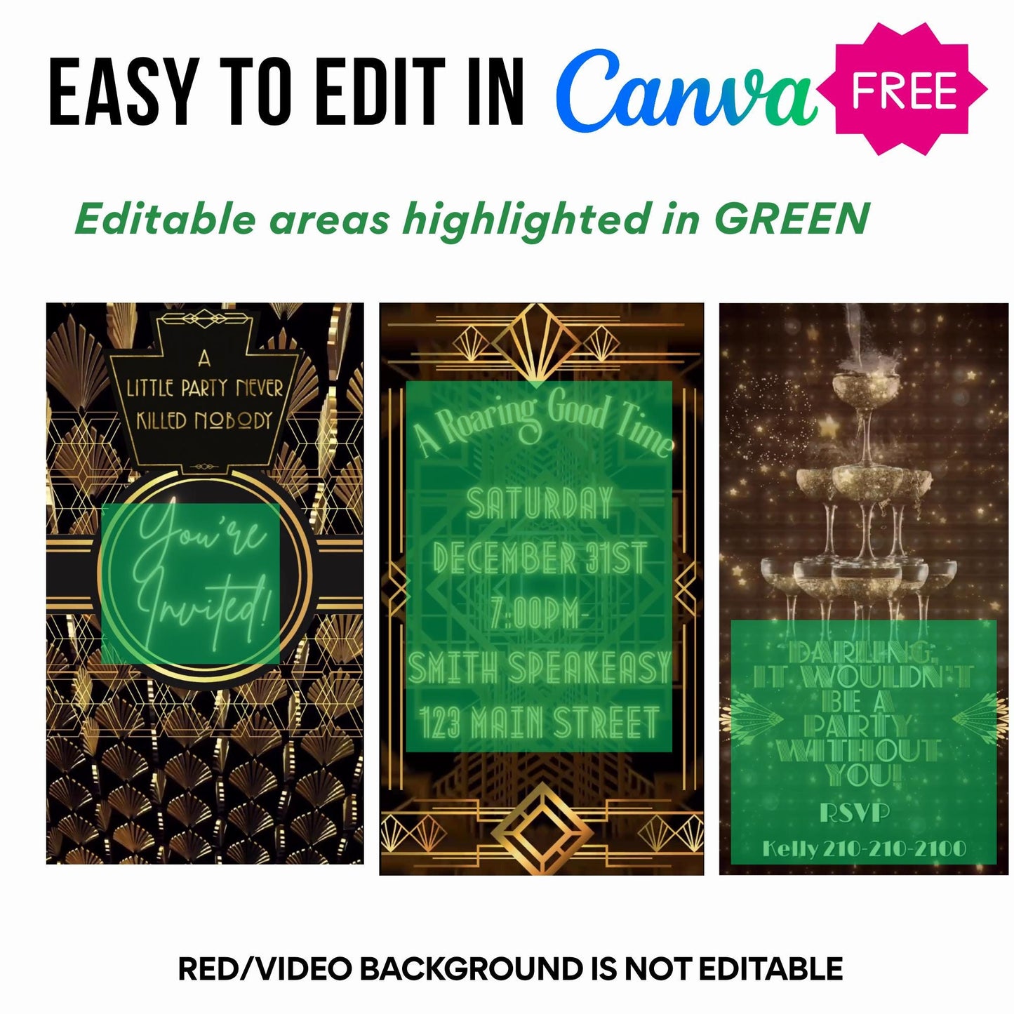 Gatsby Video Invite Roaring 20s party editable evite Prohibition era flapper girl theme art deco animated speakeasy digital invitation Canva