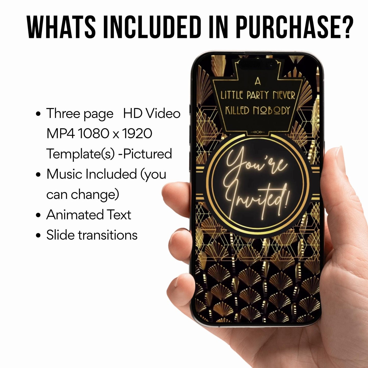 Gatsby Video Invite Roaring 20s party editable evite Prohibition era flapper girl theme art deco animated speakeasy digital invitation Canva