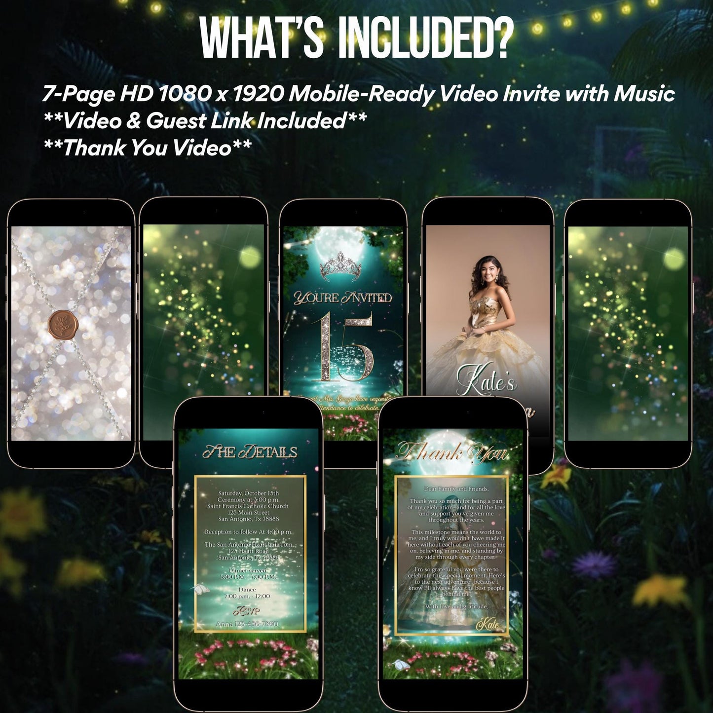Quinceañera invitation video template designed for mobile phones. Includes animated text, music, and photo customization. Perfect for Sweet 15 or Sweet 16 birthdays. Share instantly via text, WhatsApp, email, or social media. A beautiful, stunning design ideal for modern celebrations. Delivered as MP4 download—no physical item.
