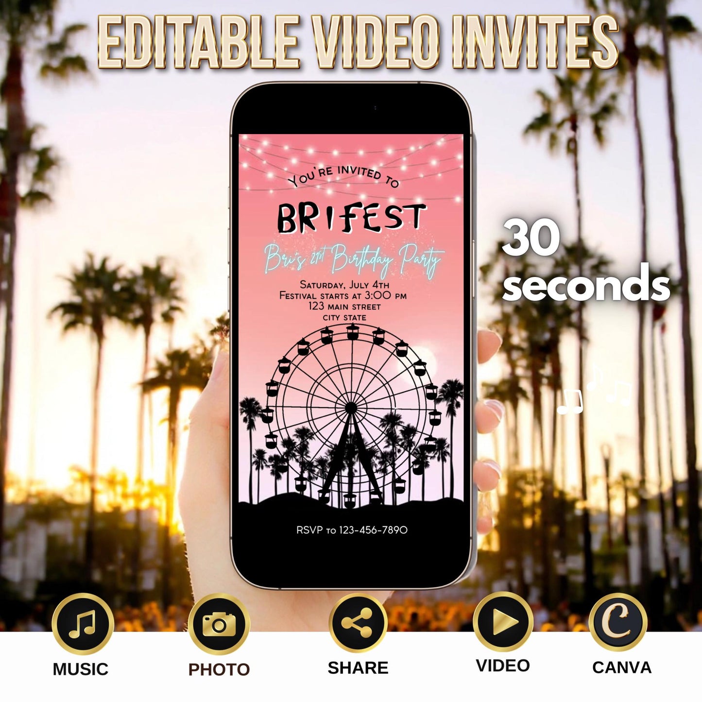 Digital Music Festival Video Invite Coachella Editable Evite Animated Ferris Wheel Mobile Invitation