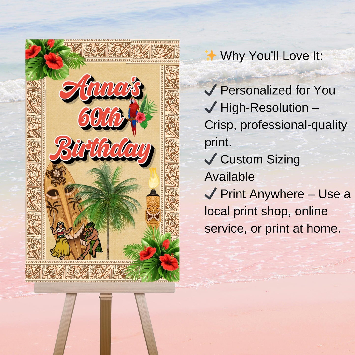 Aloha Welcome Sign - Hawaiian Luau Party Signage - Tropical Tiki Poster Printable Decor