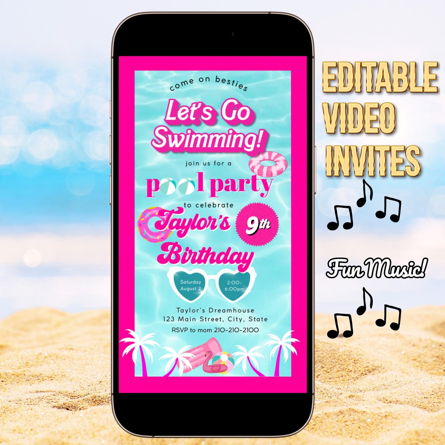 Barbie Pool Party Video Invite Summer Tween Pink Party
