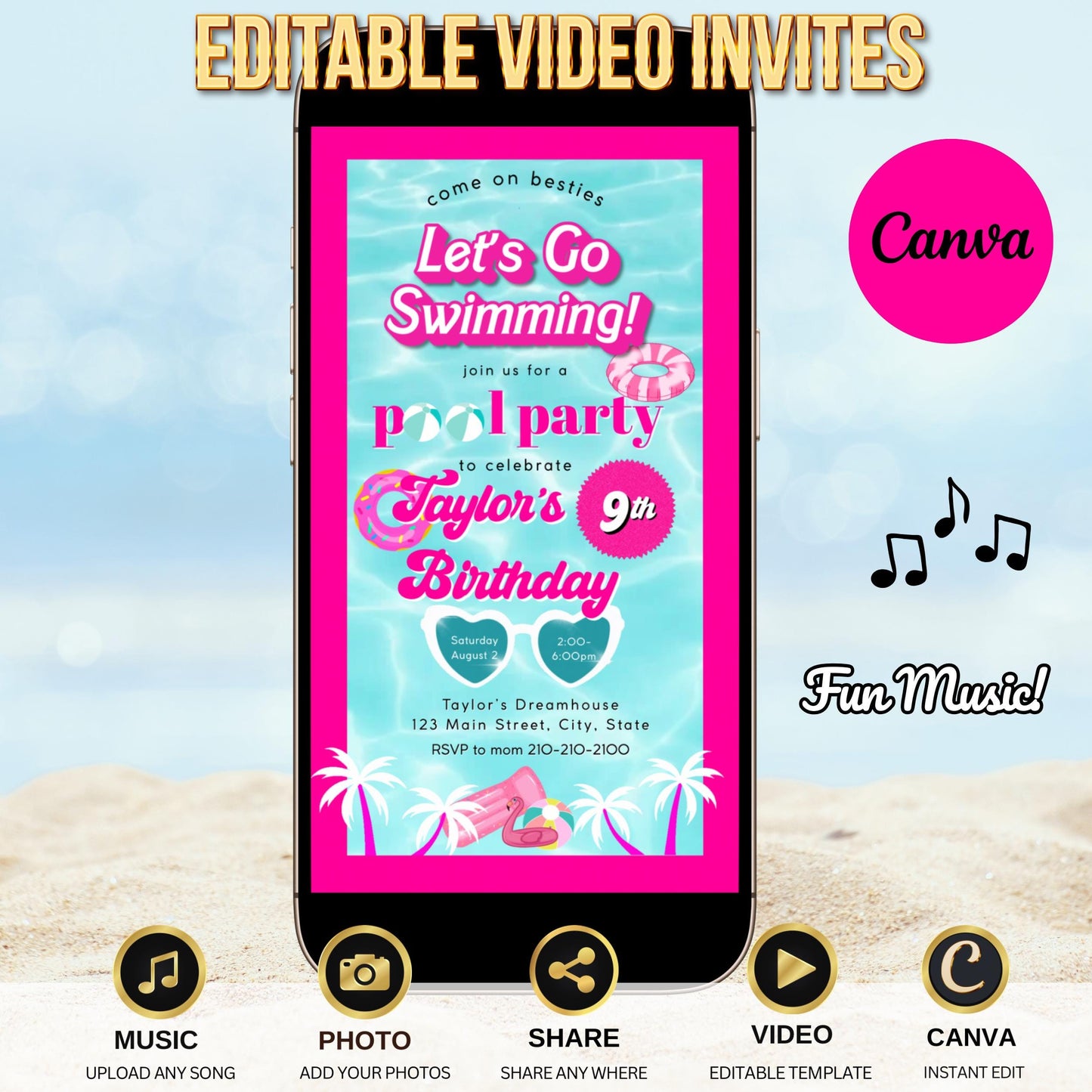 Barbie Pool Party Video Invite Summer Tween Pink Party