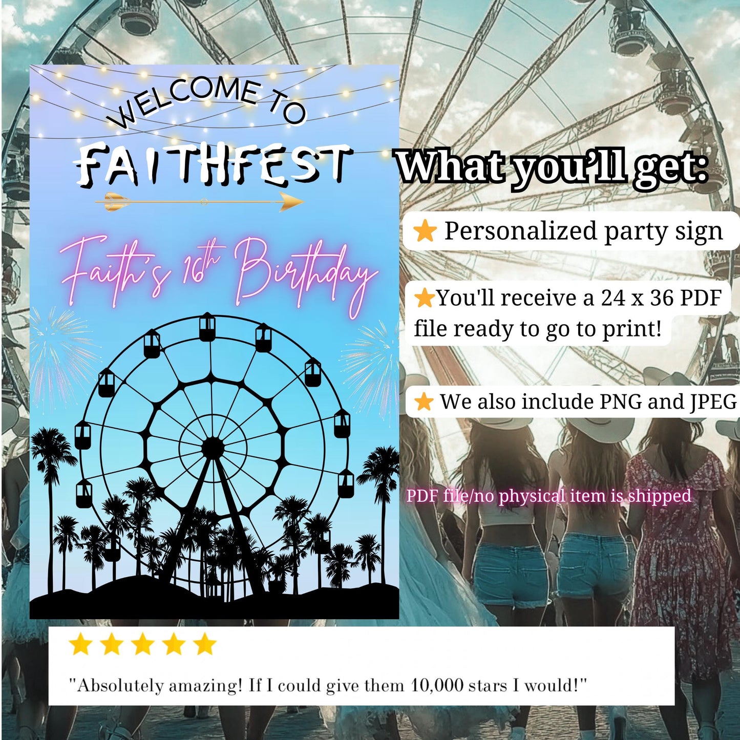 Digital Music Festival Party Sign Ferris Wheel Printable Coachella Welcome Sign