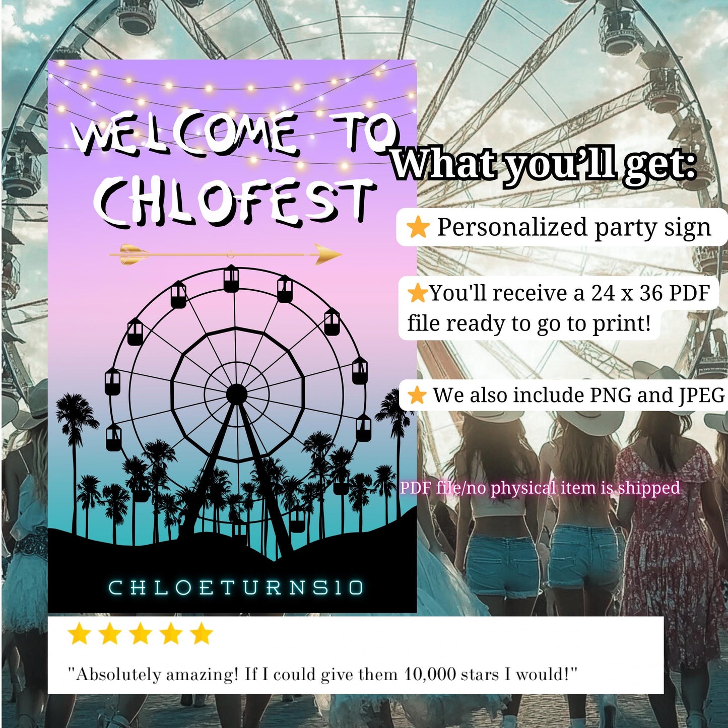 Digital Music Festival Party Sign Ferris Wheel Printable Coachella Welcome Sign