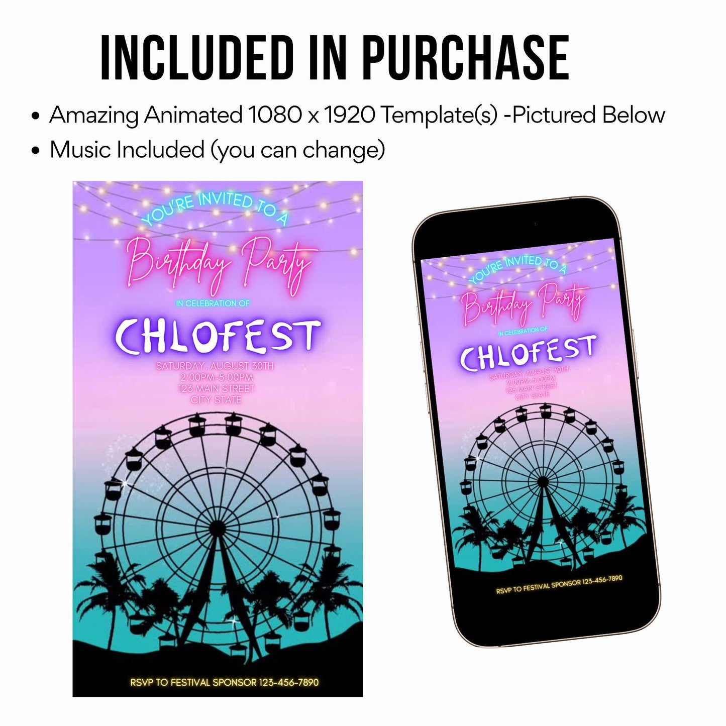 Digital Music Festival Video Invite Coachella Editable Evite Animated Ferris Wheel Mobile Invitation