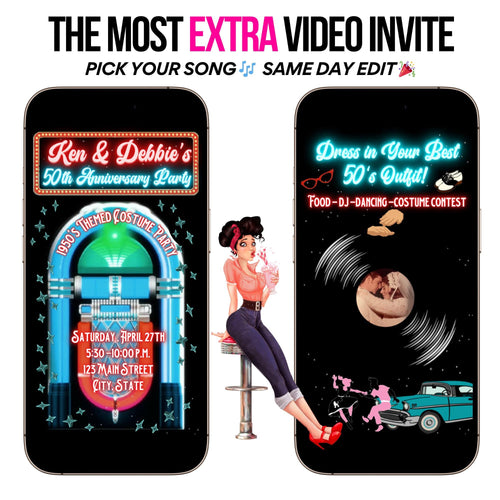 Rockabilly Video Invitation - Personalized 1950s Invitation - Animated Jukebox Rock n Roll