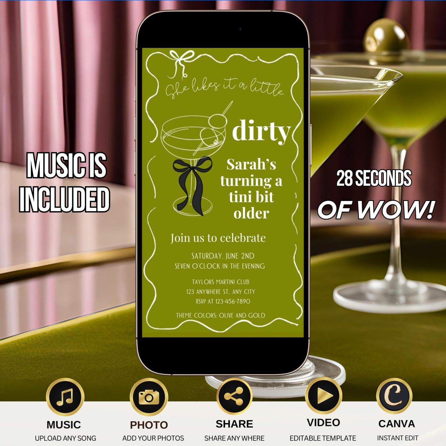 A tini bit older Martini Video Invite | She Likes it dirty martini evite