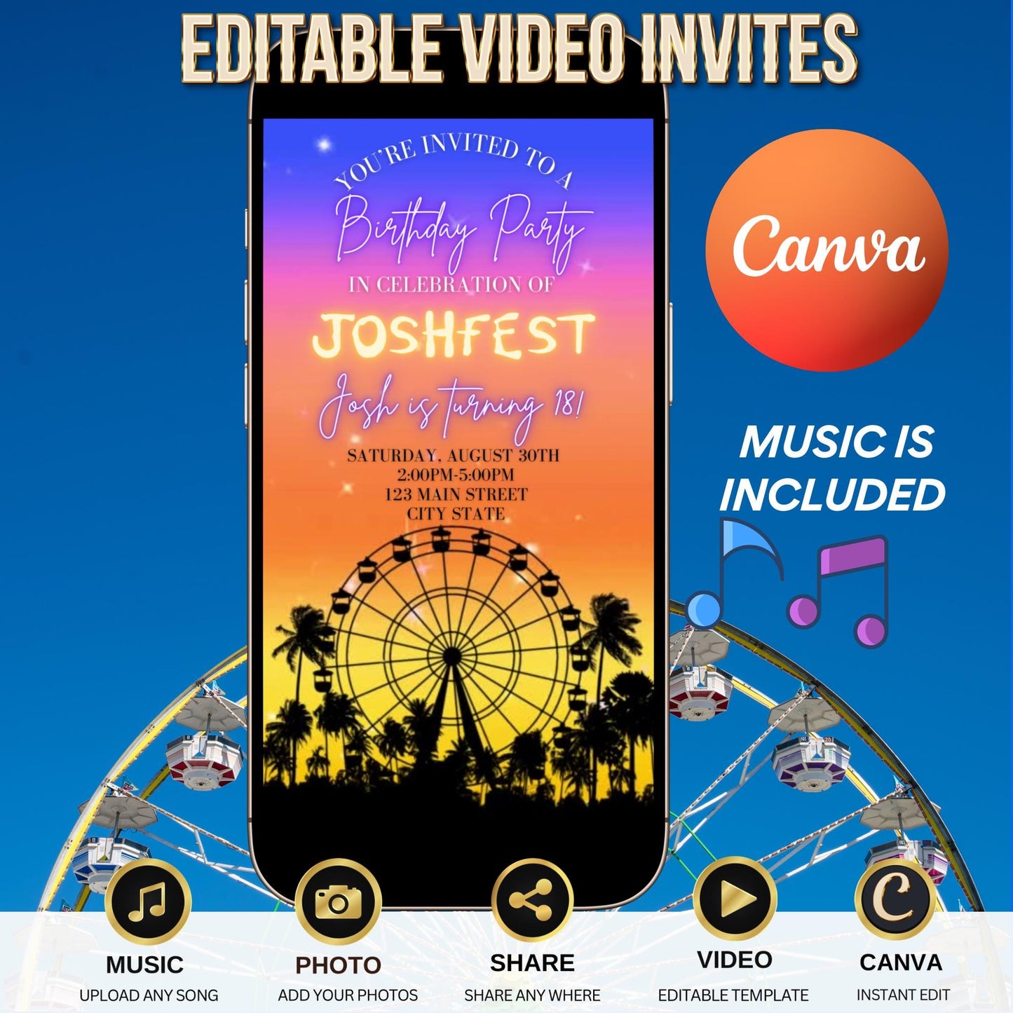 Digital Music Festival Video Invite Coachella Editable Evite Animated Ferris Wheel Mobile Invitation