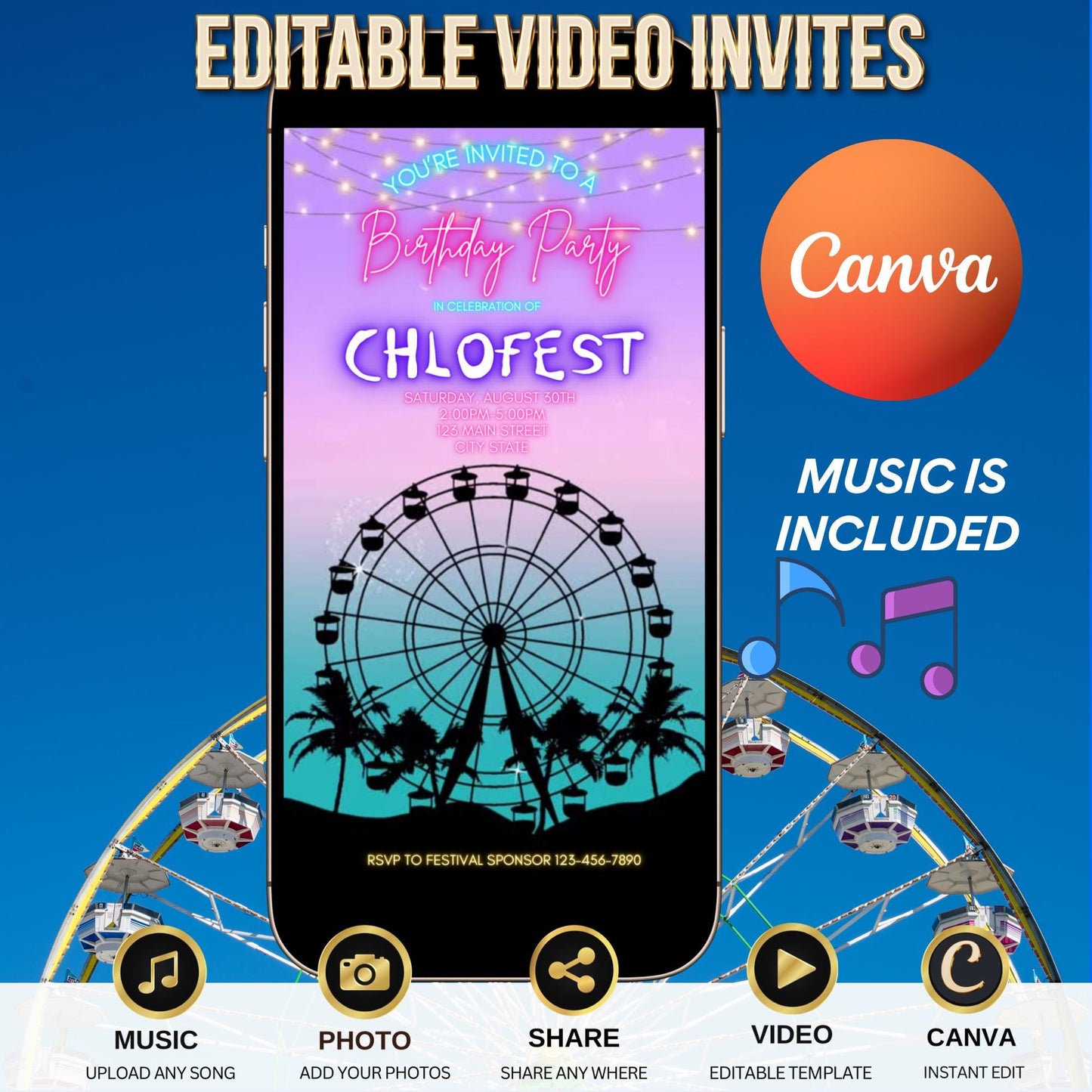 Music Festival Video Invite - Coachella Editable Evite - Animated Ferris Wheel