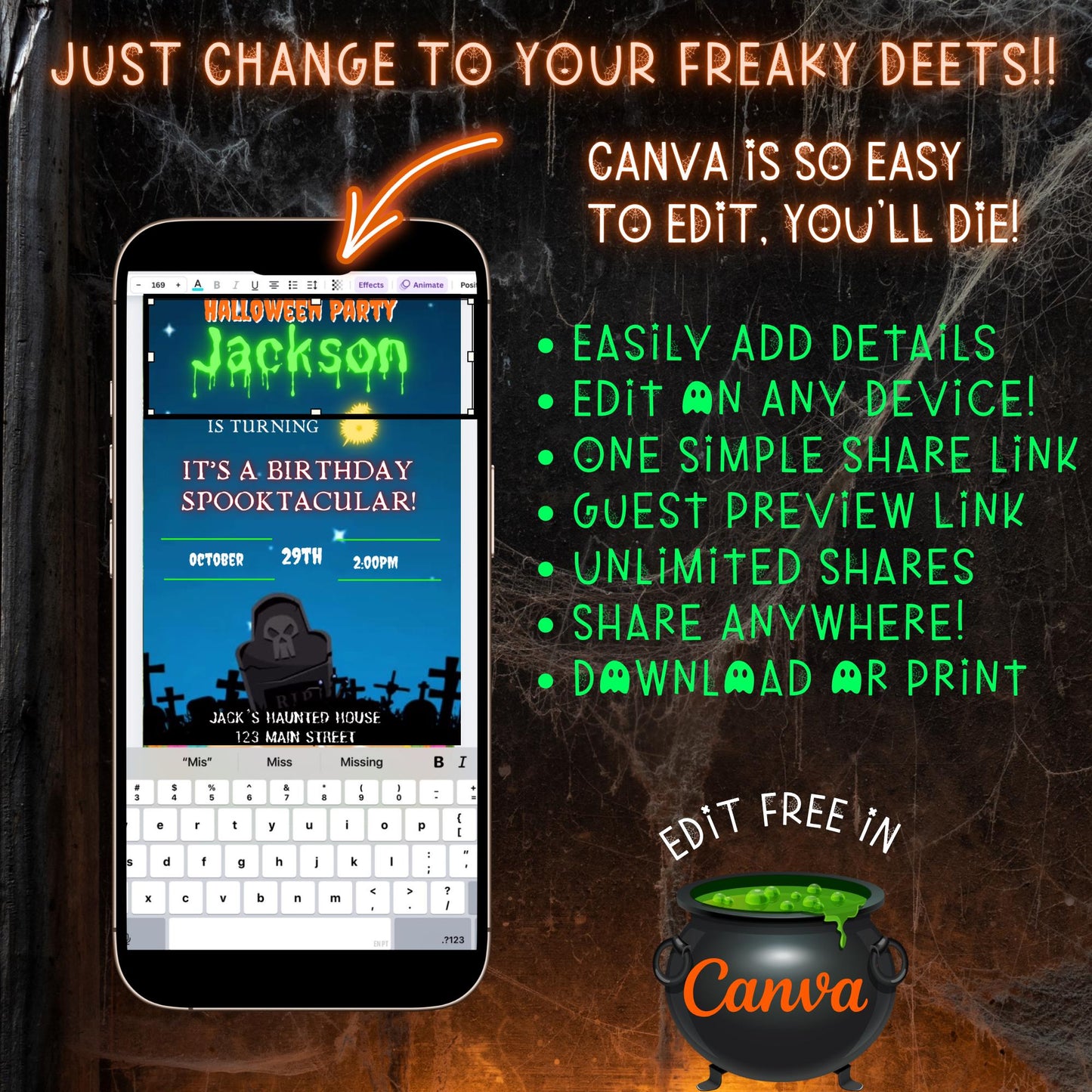 Editable Halloween video invitation with animated theme, customizable in Canva. Perfect for party invites.