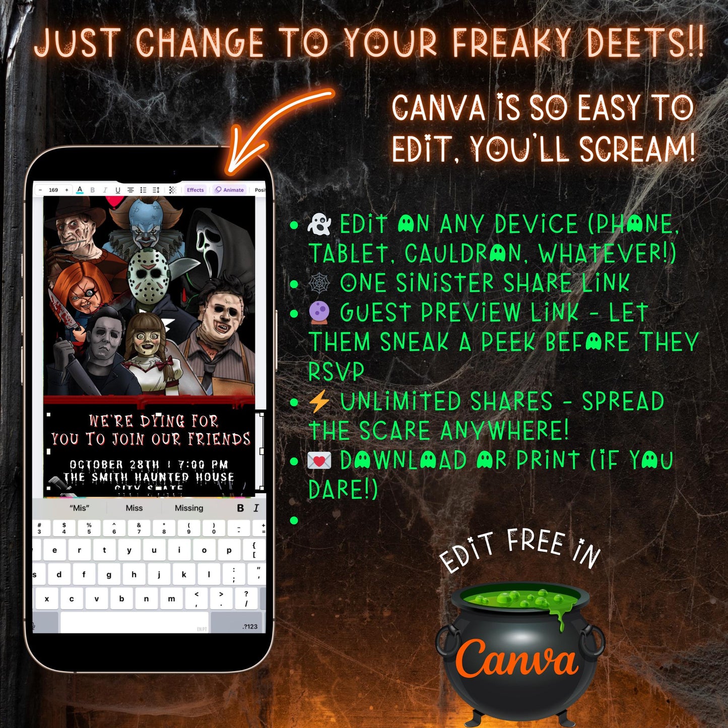 Halloween Video Invitation, Freddy Krueger and Friends Animated Invite, Editable Halloween Party Mobile Evite