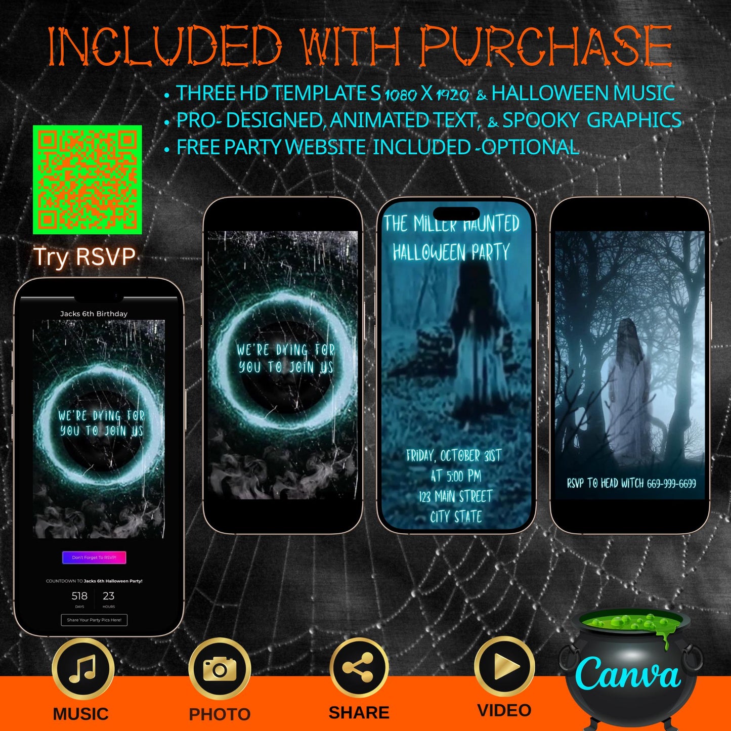 Halloween Video Invitation, The Ring Animated Invite, Editable Halloween Party Mobile Evite