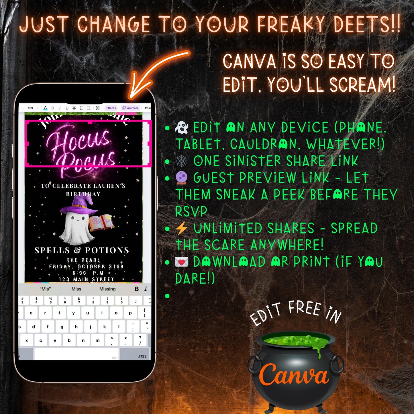 Editable Halloween video invitation with animated theme, customizable in Canva. Perfect for party invites.