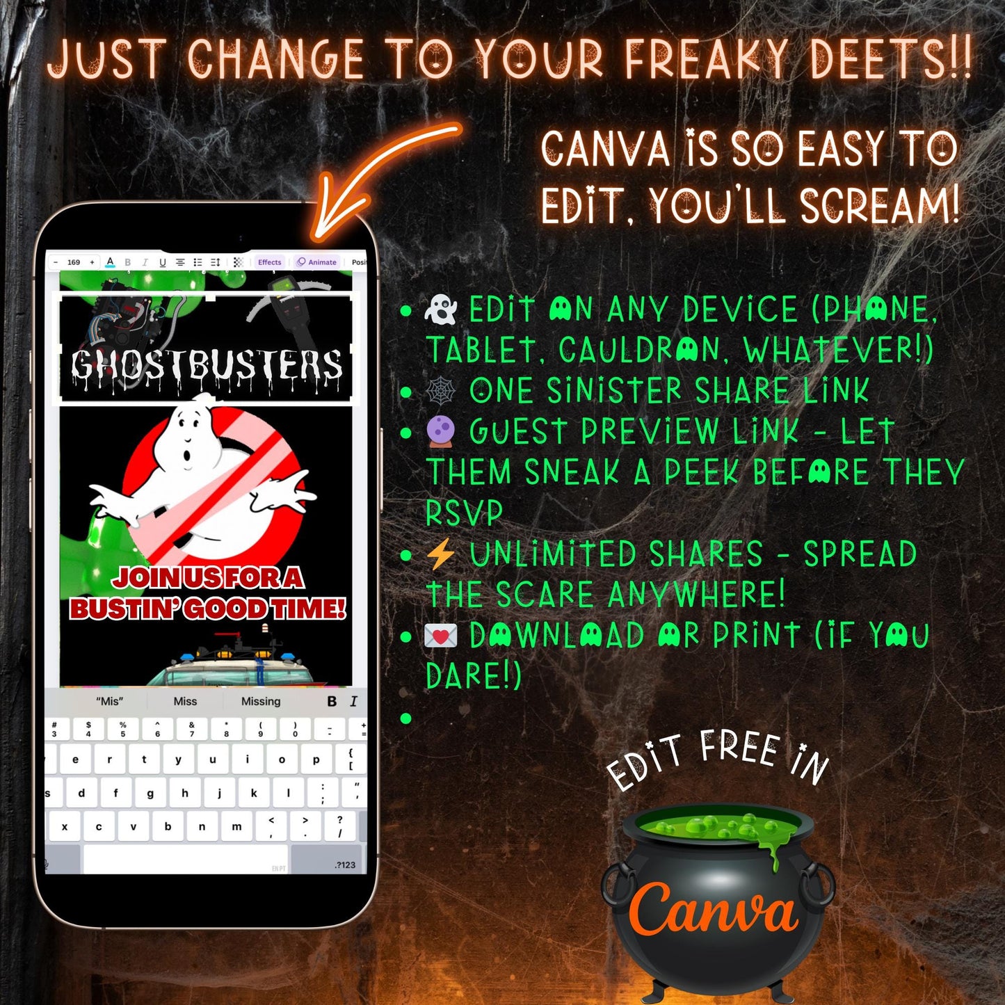 Editable Halloween video invitation with animated theme, customizable in Canva. Perfect for party invites.