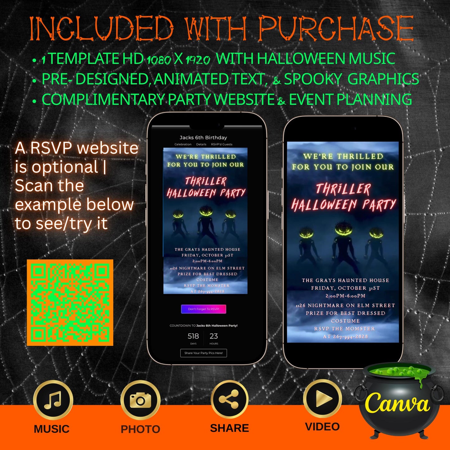 Halloween Video Invitation, Thriller Animated Invite, Editable Halloween Party Mobile Evite