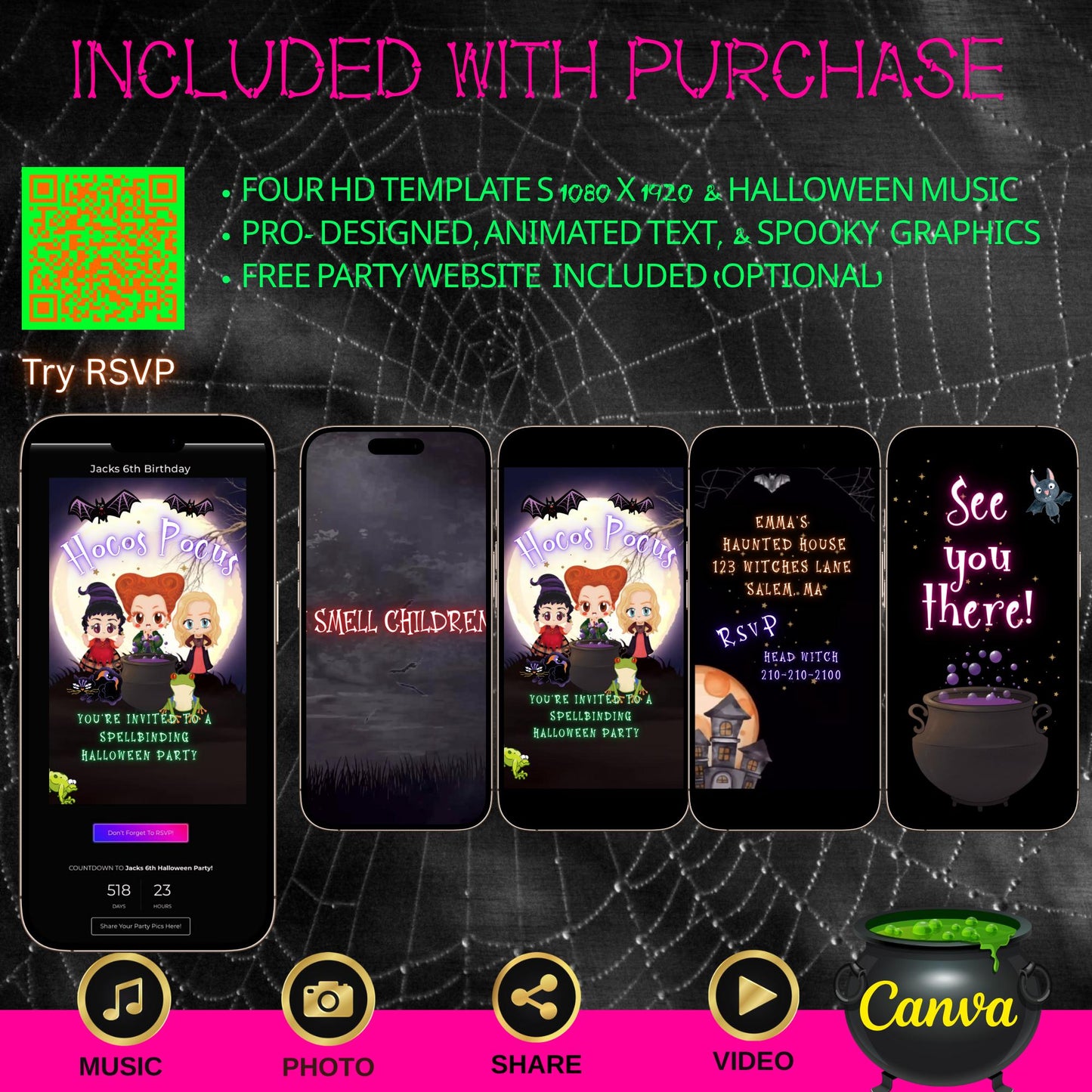 Halloween Video Invitation, Hocus Pocus Animated Invite, Editable Halloween Party Mobile Evite