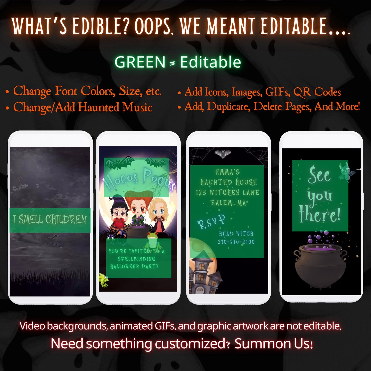 Editable Halloween video invitation with animated theme, customizable in Canva. Perfect for party invites.