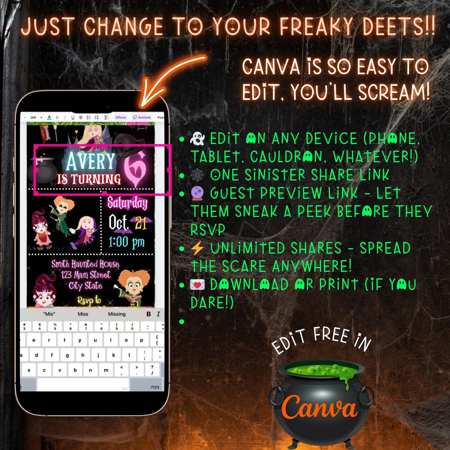 Halloween Video Invitation, Hocus Focus Animated Invite, Editable Halloween Party Mobile Evite