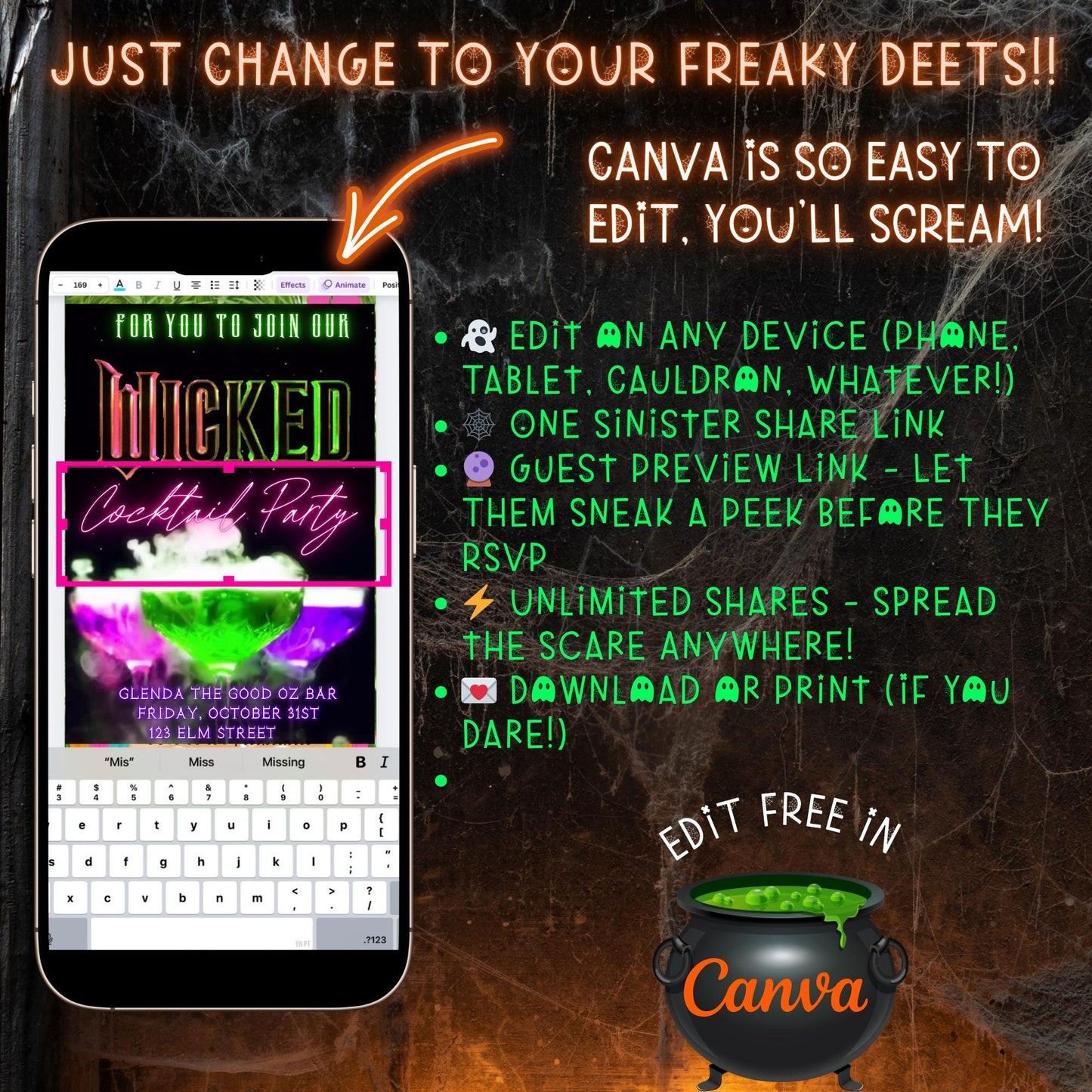 Editable Halloween video invitation with animated theme, customizable in Canva. Perfect for party invites.
