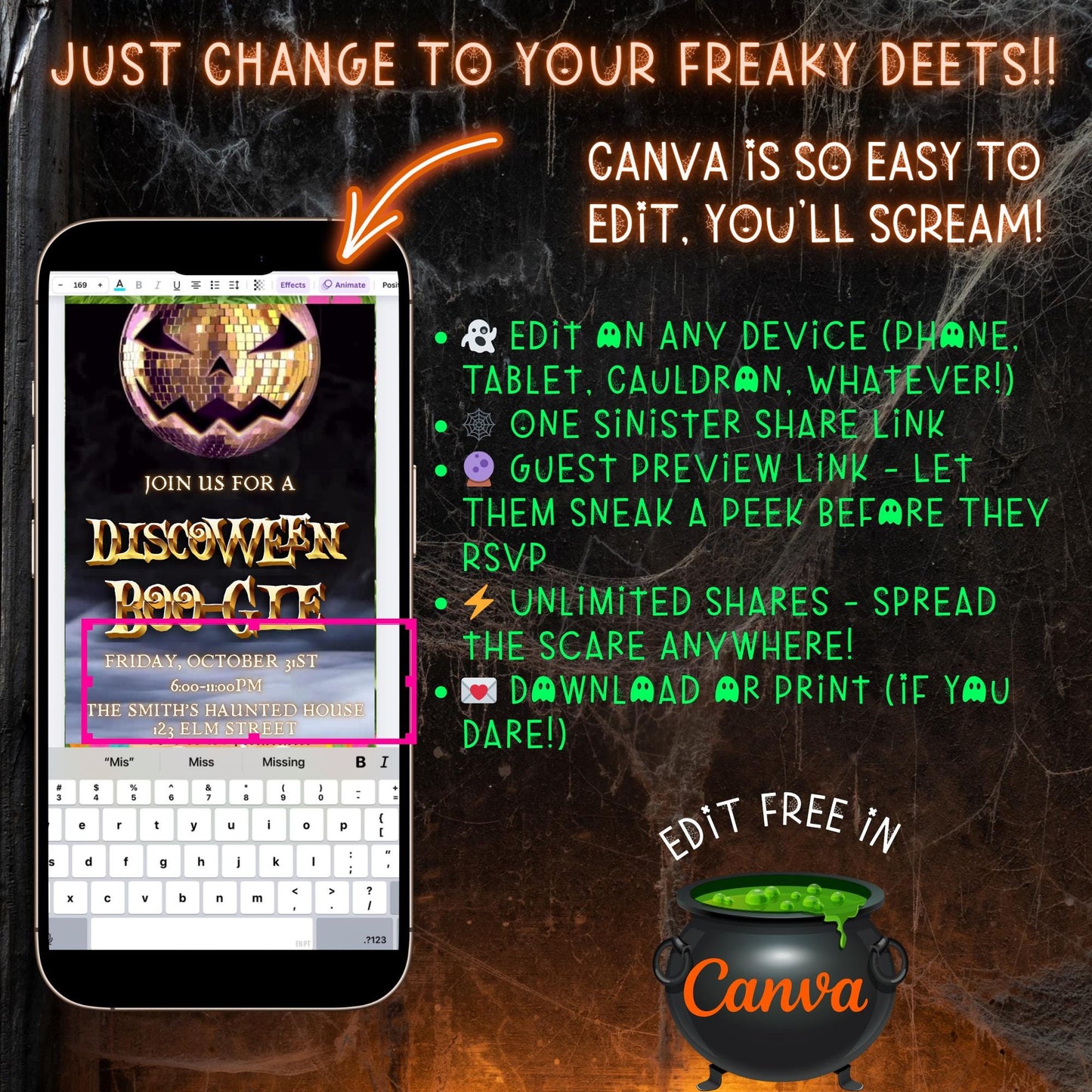 Editable Halloween video invitation with animated theme, customizable in Canva. Perfect for party invites.