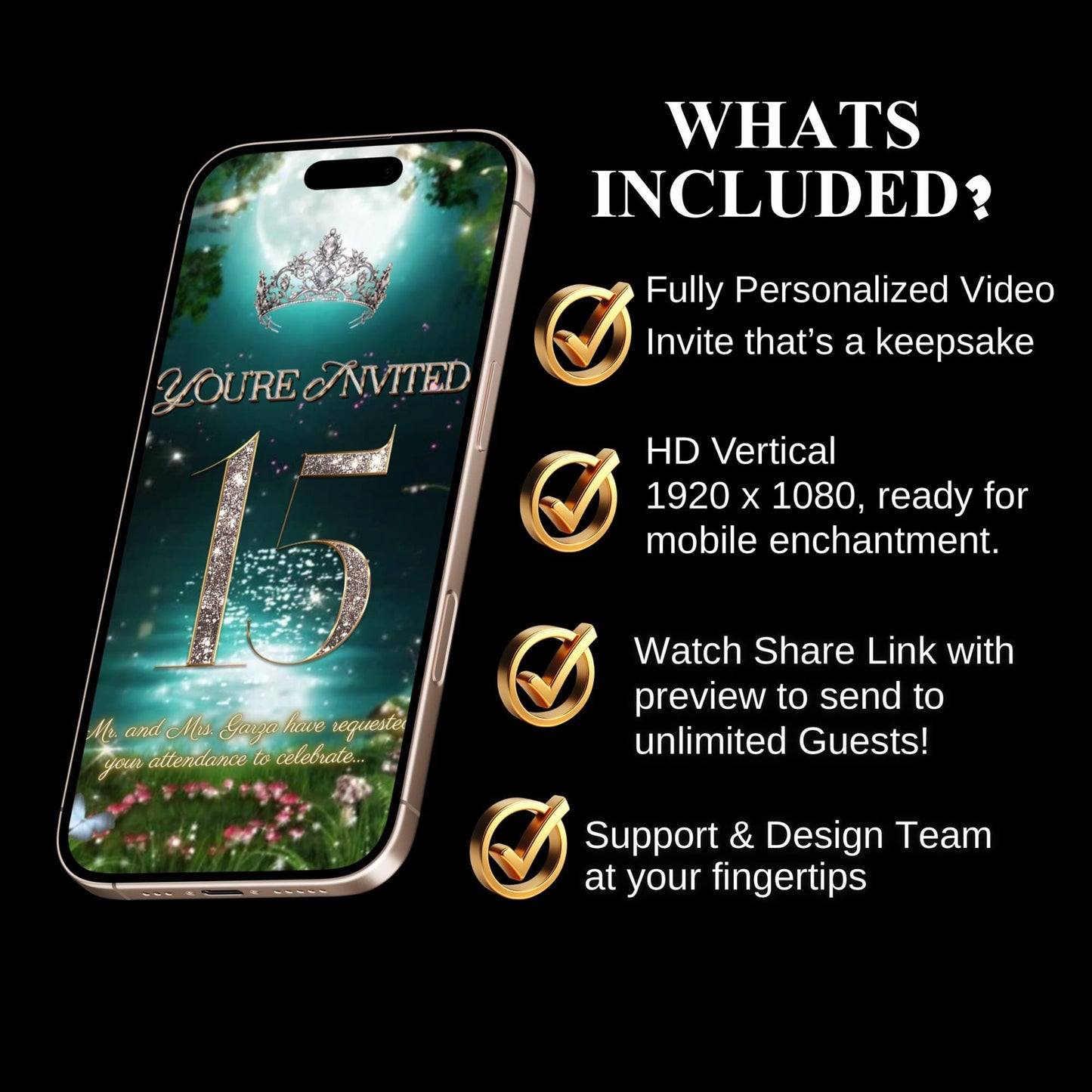 Quinceañera invitation video template designed for mobile phones. Includes animated text, music, and photo customization. Perfect for Sweet 15 or Sweet 16 birthdays. Share instantly via text, WhatsApp, email, or social media. A beautiful, stunning design ideal for modern celebrations. Delivered as MP4 download—no physical item.
