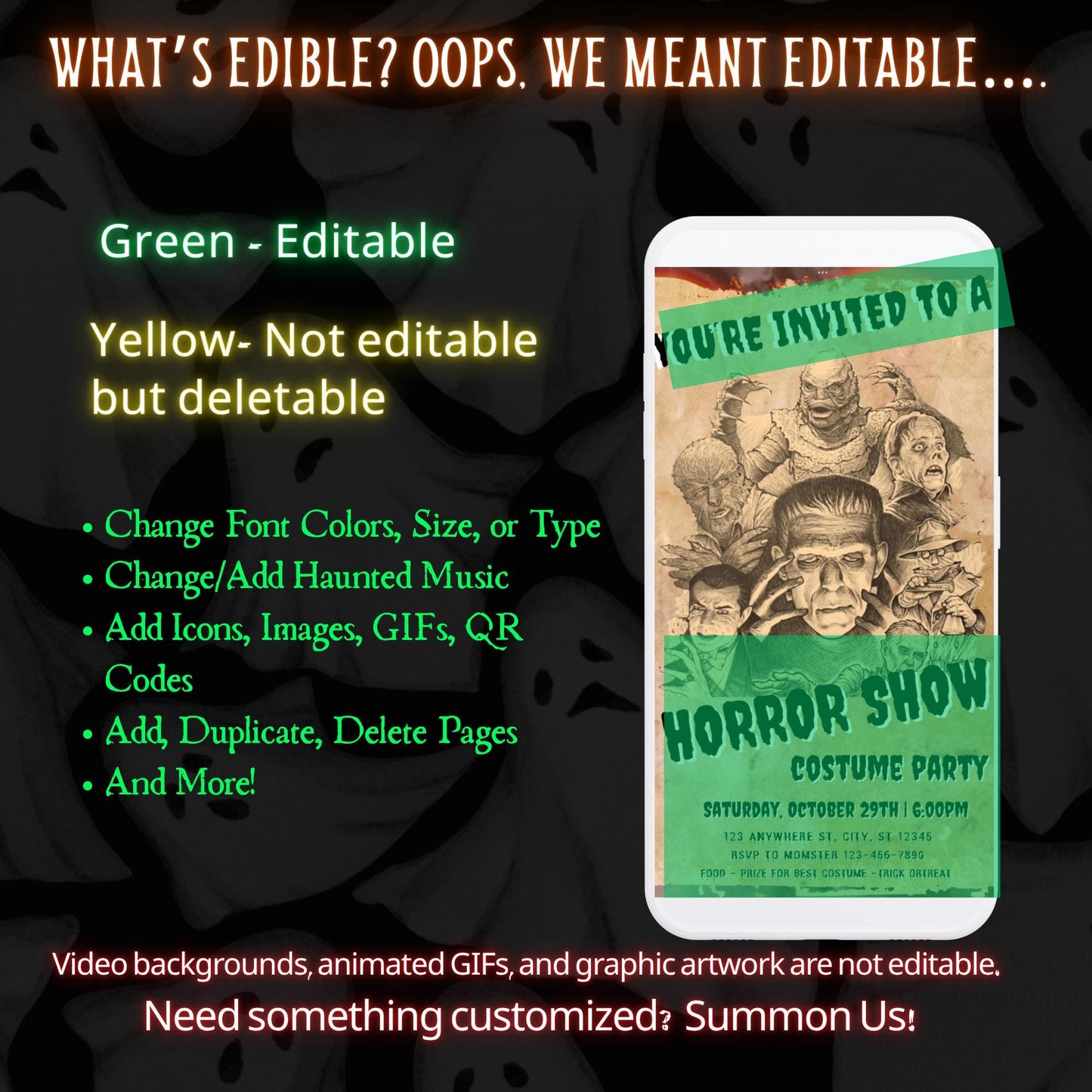 Editable Halloween video invitation with animated theme, customizable in Canva. Perfect for party invites.