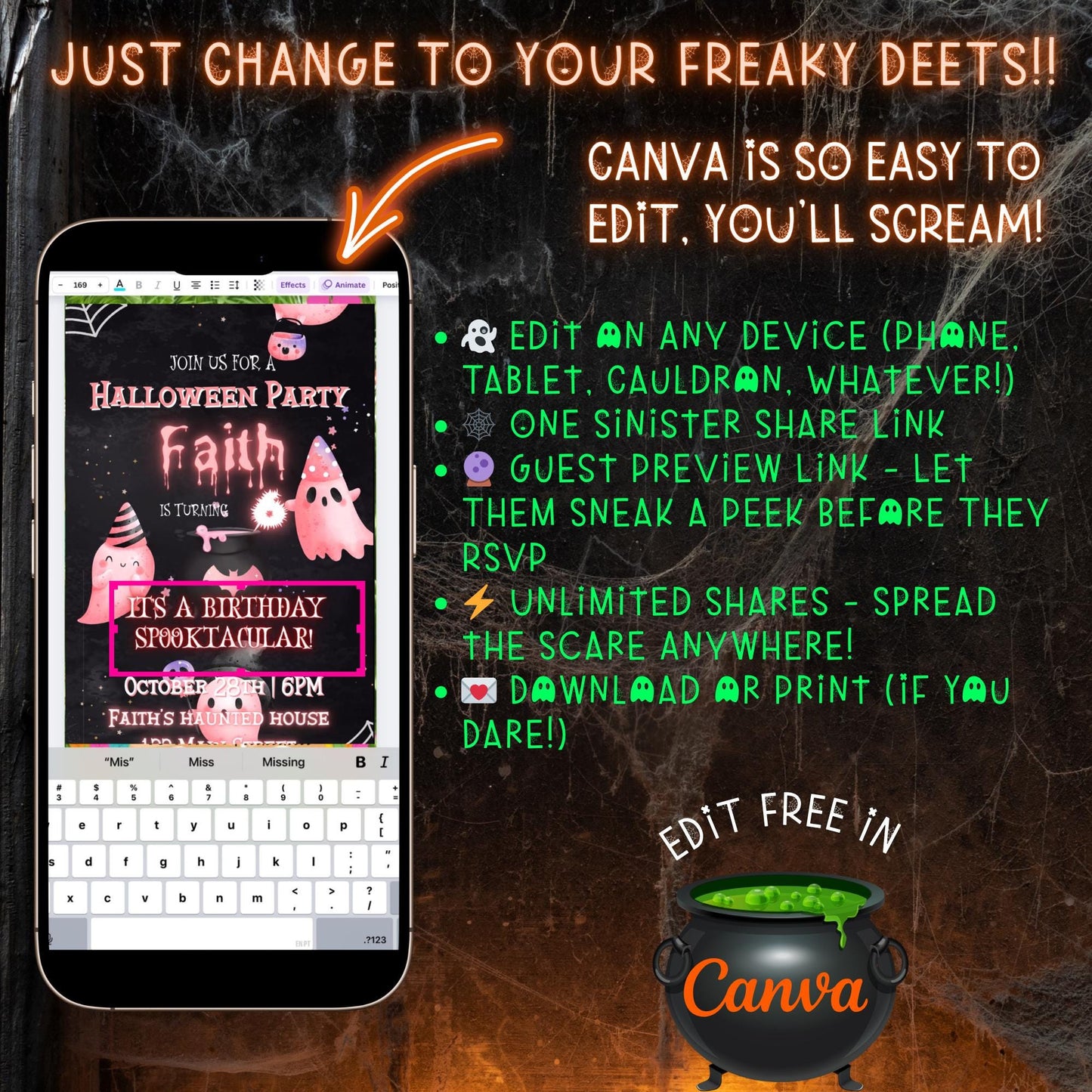 Editable Halloween video invitation with animated theme, customizable in Canva. Perfect for party invites.