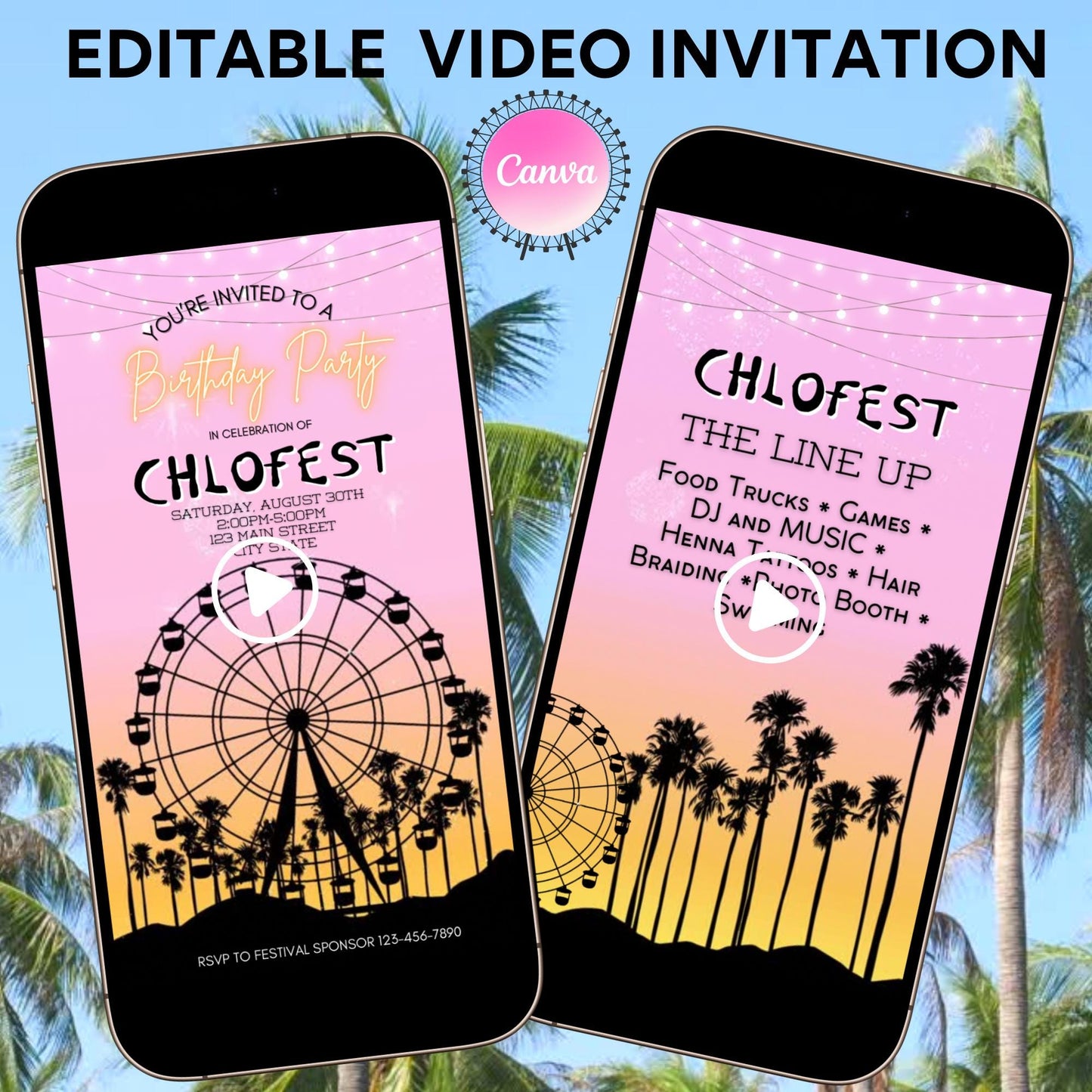 Digital Music Festival Video Invite Coachella Editable Evite Animated Ferris Wheel Mobile Invitation