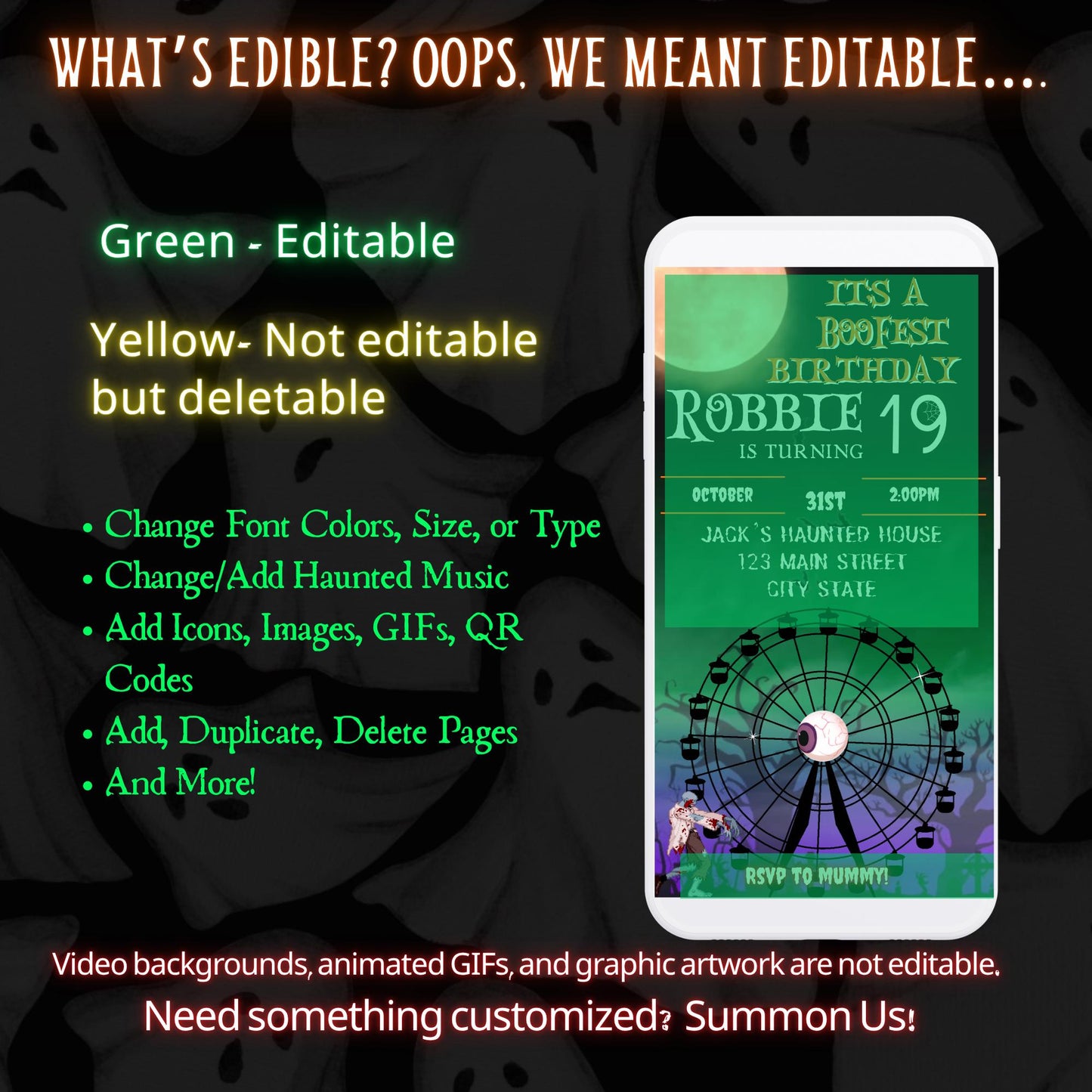 Editable Halloween video invitation with animated theme, customizable in Canva. Perfect for party invites.