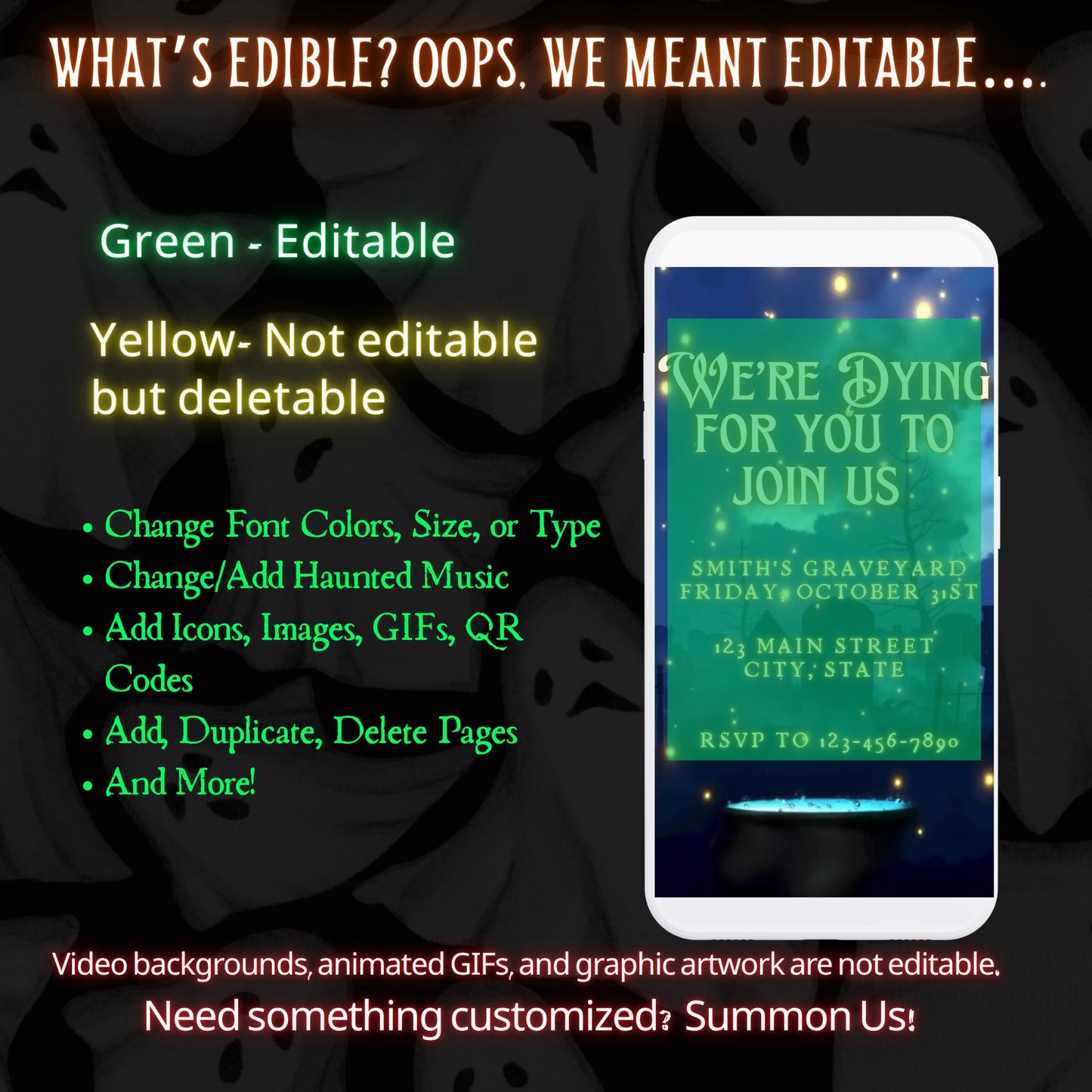 Editable Halloween video invitation with animated theme, customizable in Canva. Perfect for party invites.