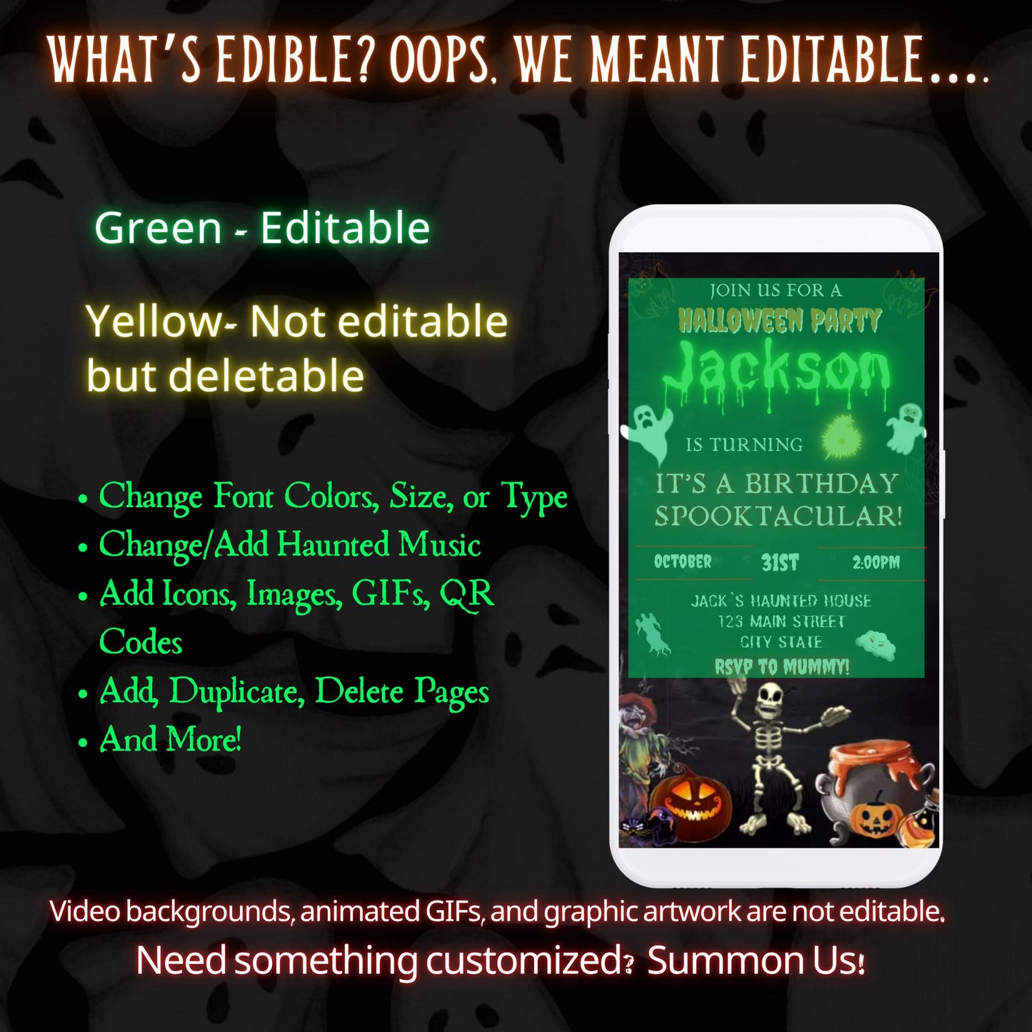 Editable Halloween video invitation with animated theme, customizable in Canva. Perfect for party invites.