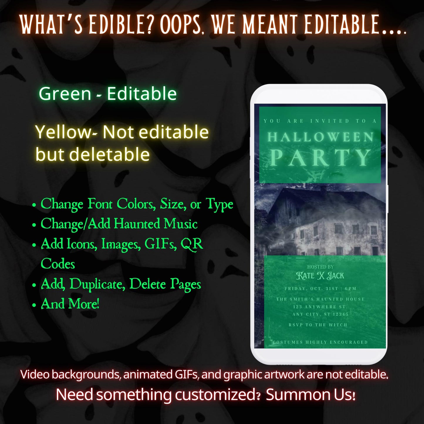 Editable Halloween video invitation with animated theme, customizable in Canva. Perfect for party invites.