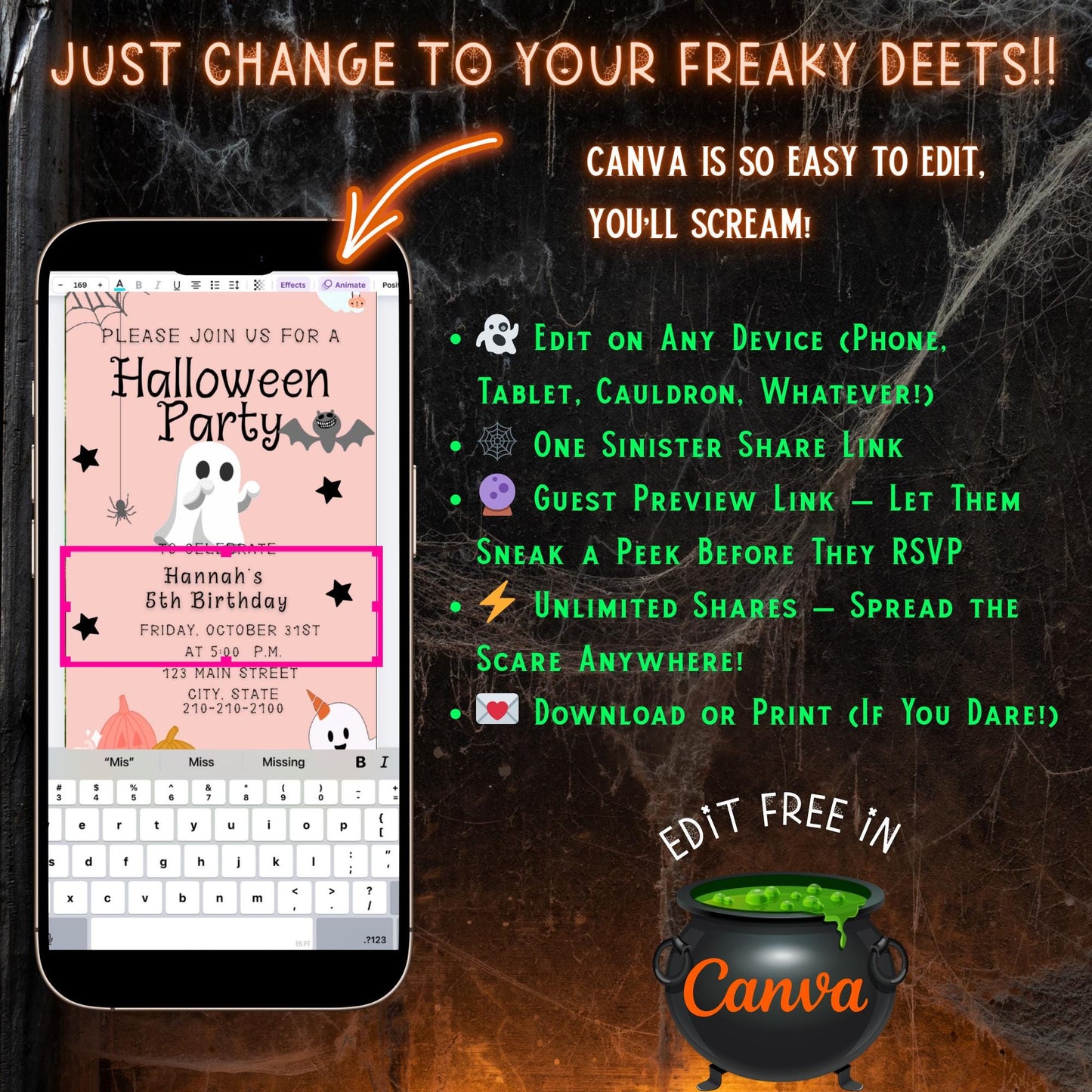 Editable Halloween video invitation with animated theme, customizable in Canva. Perfect for party invites.