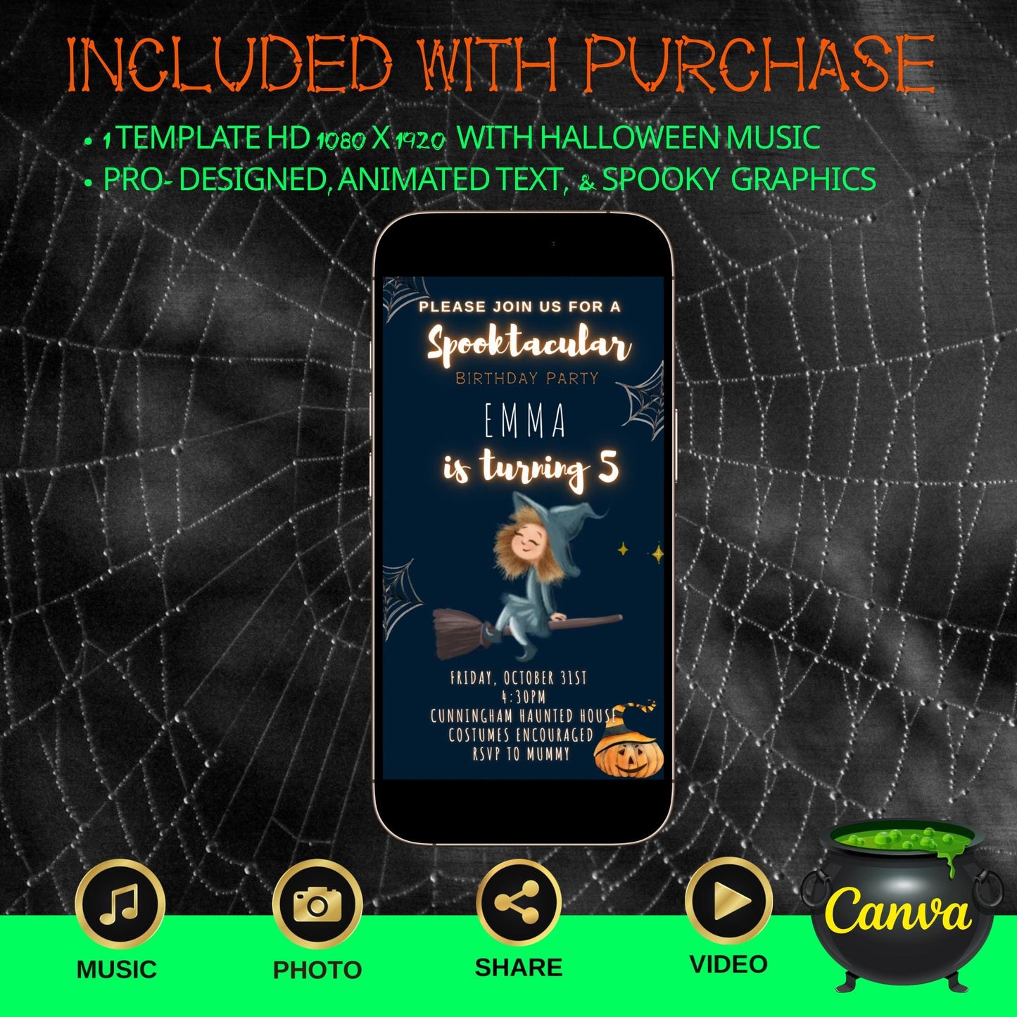 Editable Halloween video invitation with animated theme, customizable in Canva. Perfect for party invites.
