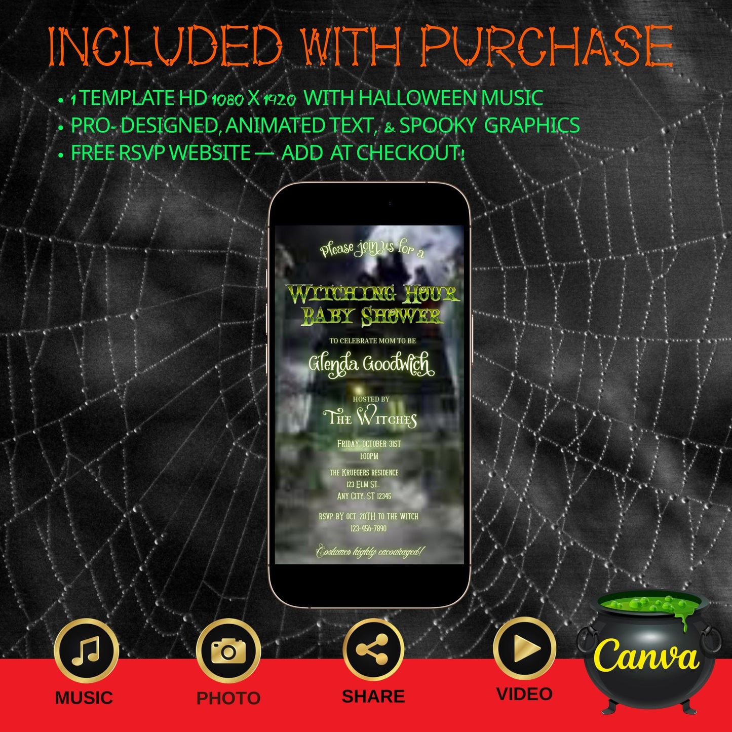 Halloween Video Invitation, Baby Shower Animated Invite, Editable Halloween Party Mobile Evite